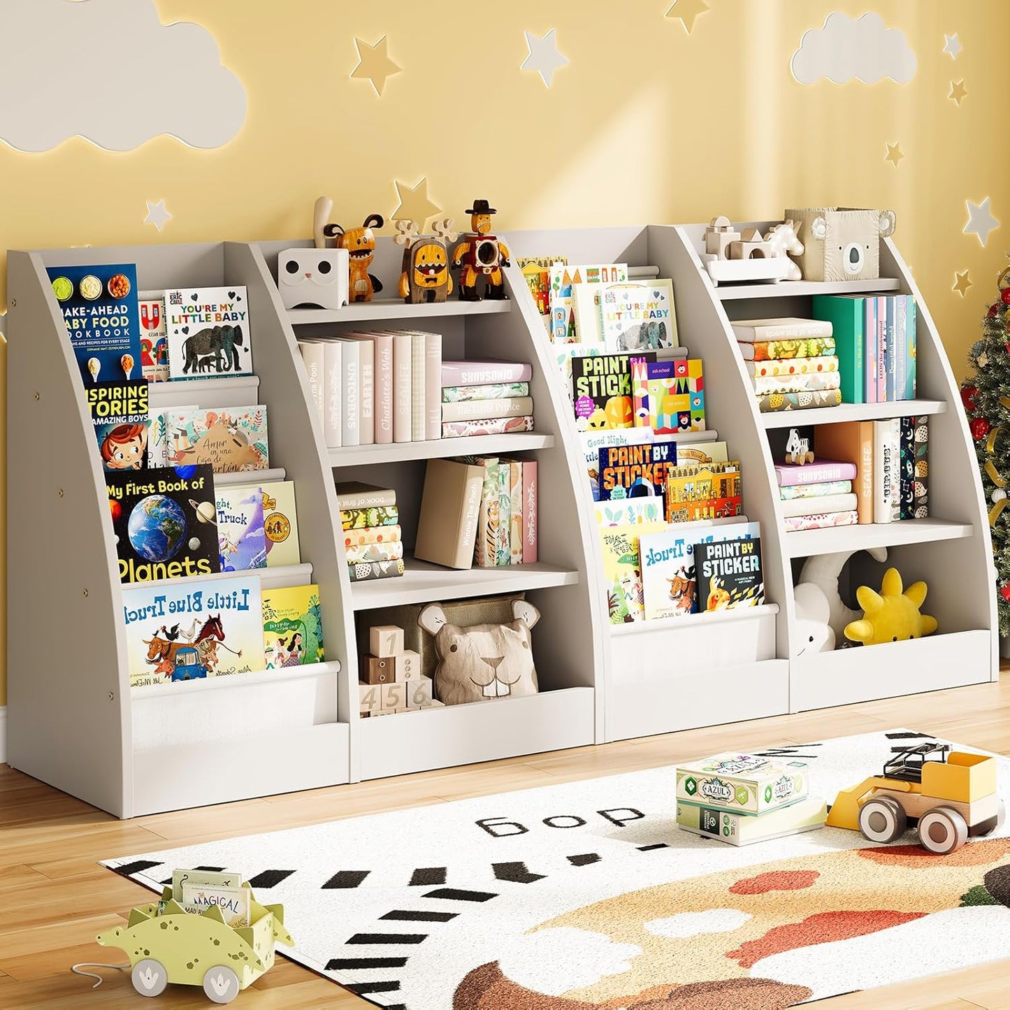 4 Tier Kids Bookshelf Set of 2, 4 Layer Sling Kids Book Shelf for Kids Rooms,Wood Children Bookcase,Baby Storage Book Rack,Toddler Bookshelf, Book and Toy Organizer,Book Display Shelf for Nursery
