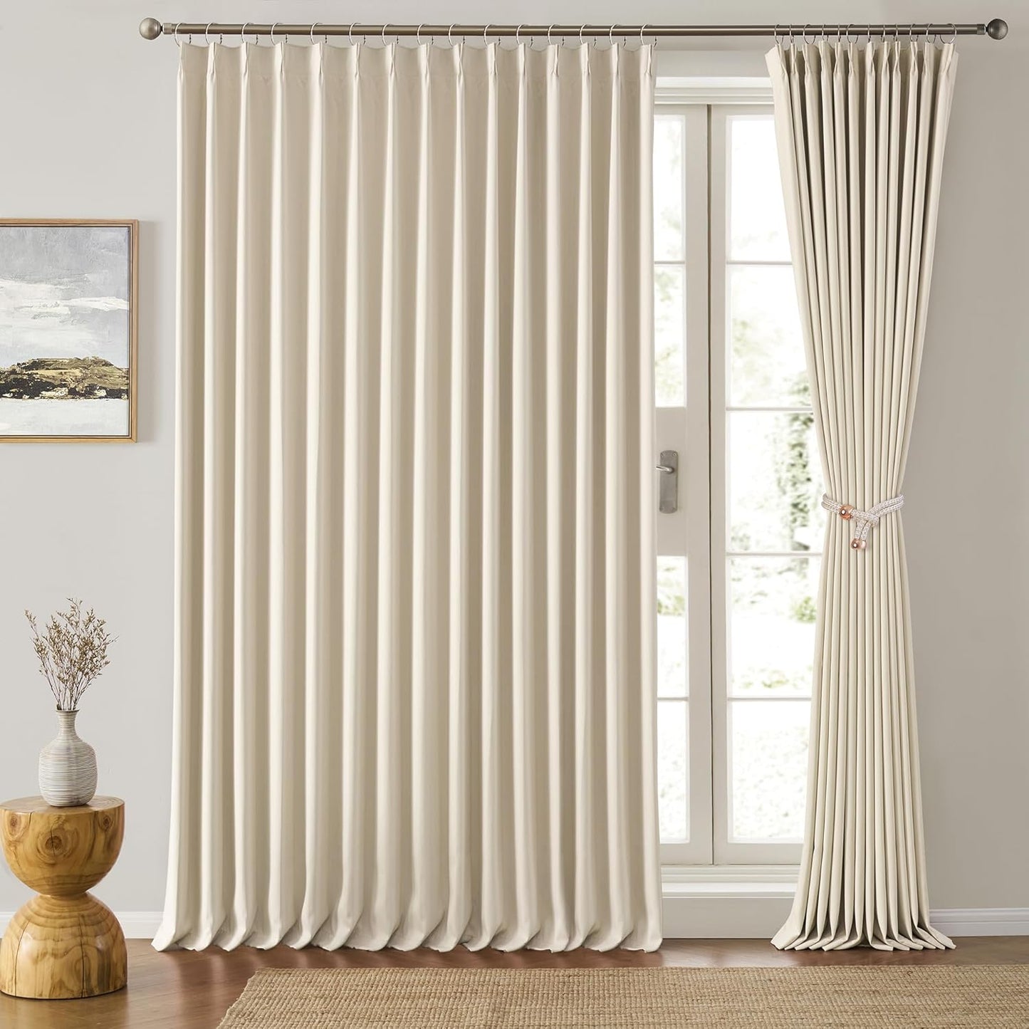 KEQIAOSUOCAI Pleat Patio Sliding Door Curtains 100 Wide x 90 Long Cream Beige Drapes 2 Panels Room Divider Curtain,Wide Width Thermal Insulated Room Darkening Window Treatment for Living Room