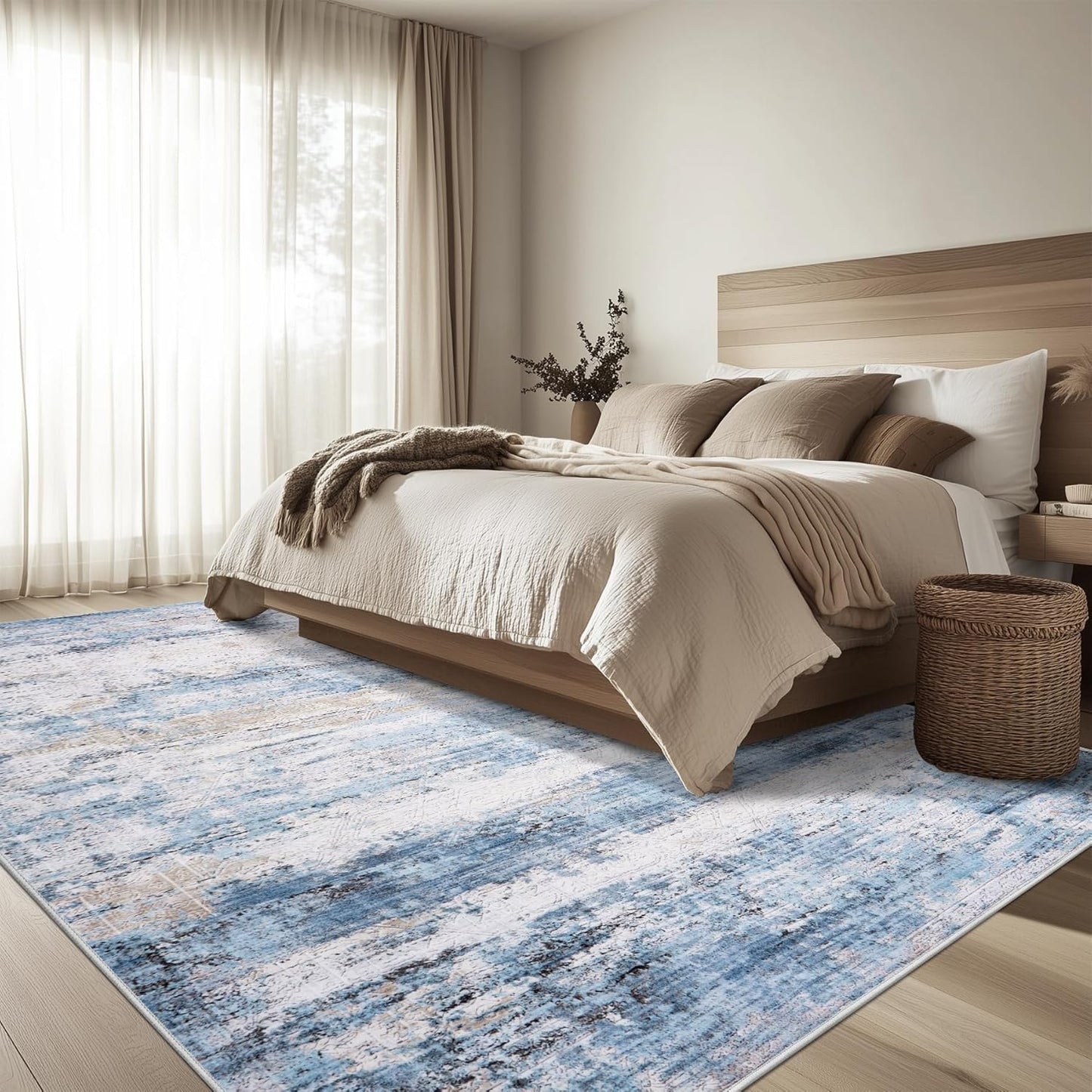 9x12 Area Rug Living Room Rugs - Washable Rug Large Modern Abstract Soft Thin Carpets Indoor Floor No Slip Vintage Carpet for Bedroom Under Dining Table Nursery Home Office Decor Blue