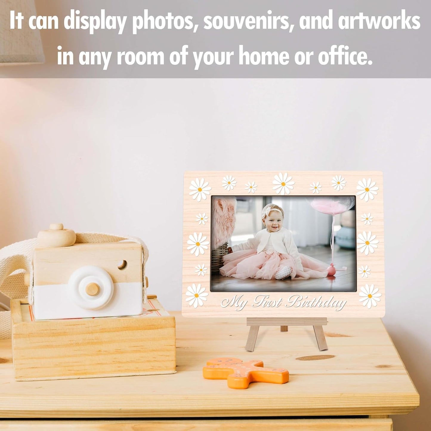 My 1st Birthday Picture Frames, Daisy Wooden 4x6 Photo Frame with Easel, Baby First Year Birthday Gifts for Home Office Tabletop Display Decorations - G02