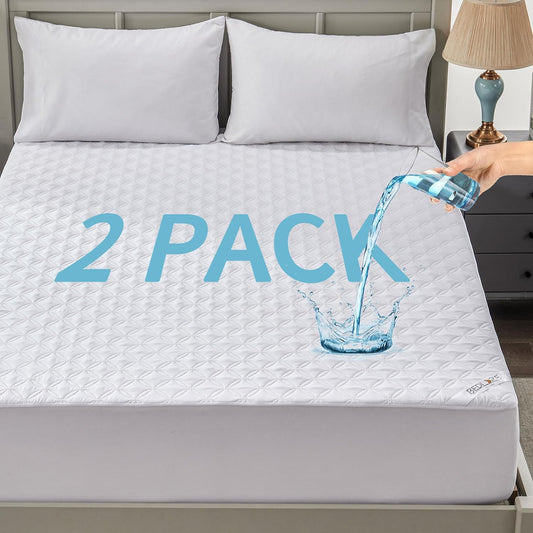 BEDLORE 2 Pack Waterproof Mattress Protector, King Size Mattress Pad with Deep Pocket Fitted Up to 6-18 inches, Soft Noiseless Single Bed Mattress Cover for Bedroom, Dorm Room (White)