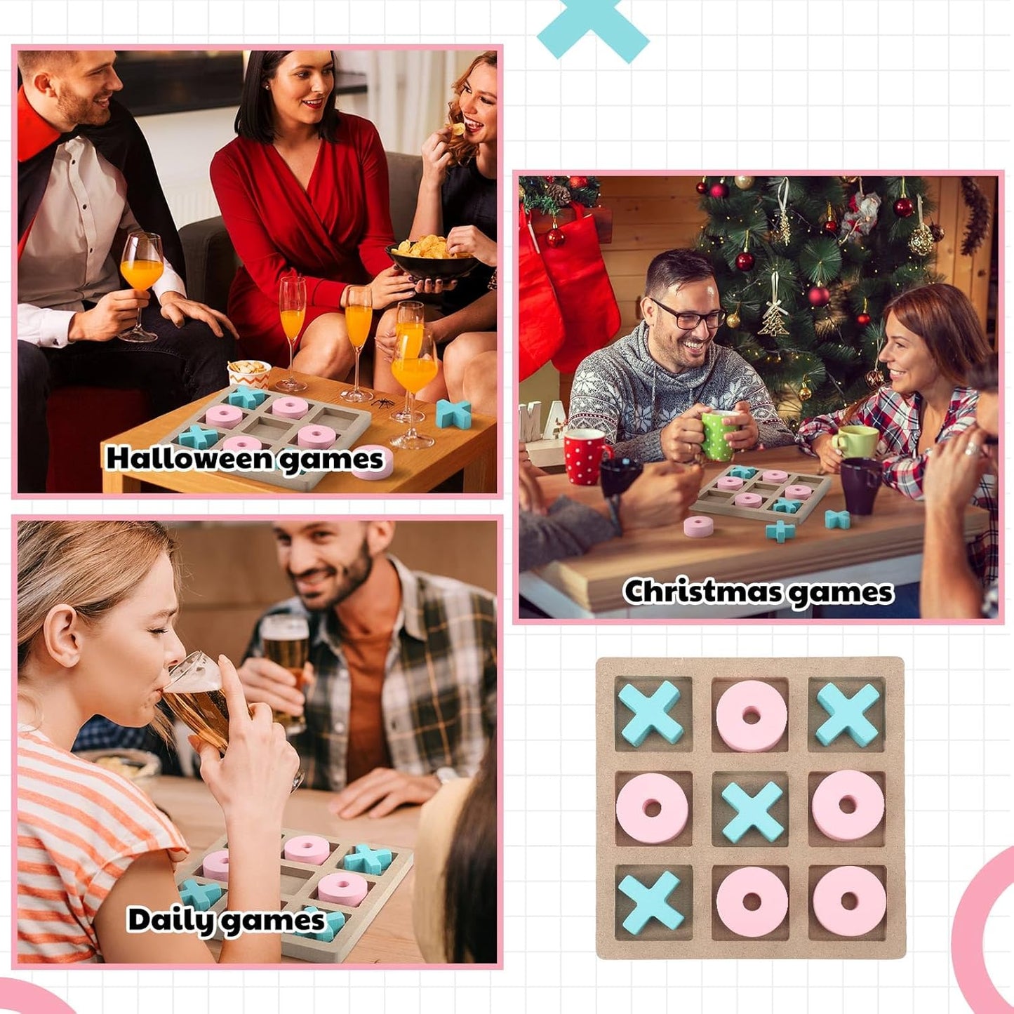 Wooden Tic Tac Toe Game Tic Tac Toe Board Game 7 Inch Wood Board Table Top Living Room Decor Fun Family for Family Night Indoor Outdoor Party Adults Classic Travel (Pink Blue)
