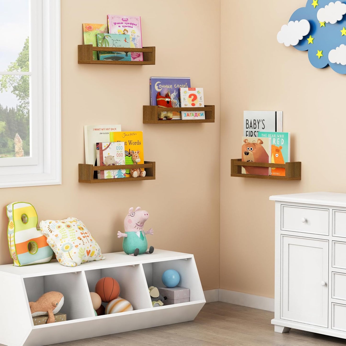 Forbena Walnut Brown Nursery Bookshelf Wall Mounted, Wooden Floating Book Shelves for Wall, Nursery Hanging Bookshelves for Baby Toddlers Kids Room Bedroom (Pine Wood, Walnut Color, 4-Pack)