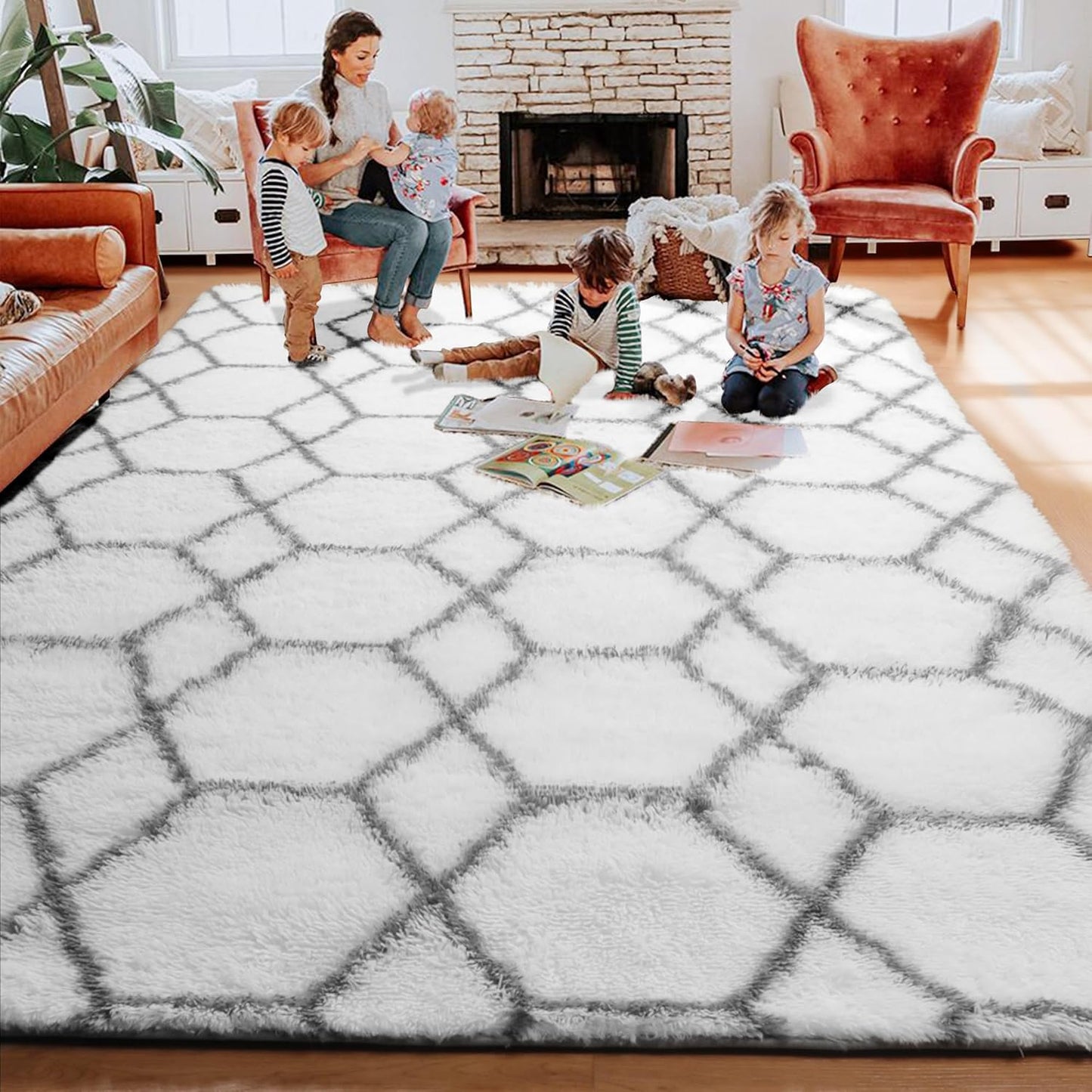 ONASAR 6x9 Area Rugs for Living Room Bedroom, Washable Large Fluffy White and Grey Throw Rug, Geometric Soft Plush Shaggy Floor Carpet for Nursery Kids Girls Boys Teen Dorm Home Decor Aesthetic