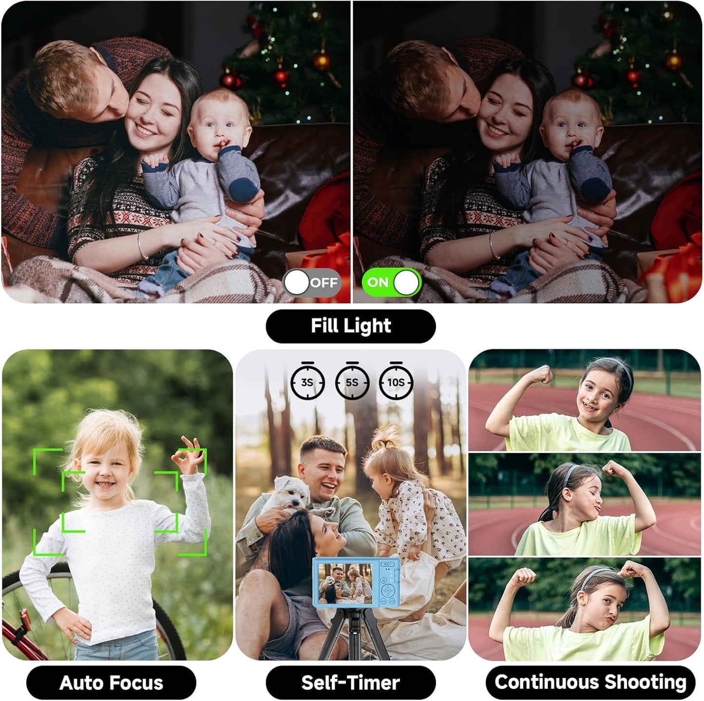 Digital Camera, FHD 4K 44MP Digital Camera, 16X Digital Zoom, Digital Point and Shoot Camera with 3-LED Fill Lights, 64GB SD Card, Compact Camera for Kids Teen Boys Girls, Blue