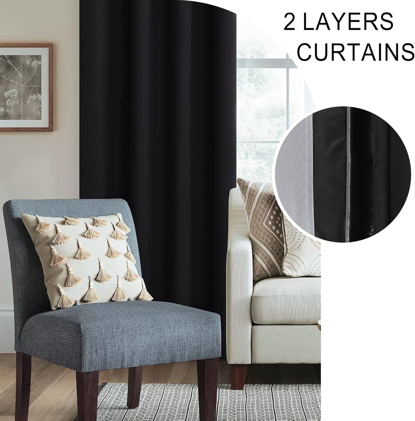XWZO Full Shading Blackout Curtains 72 Inches Length - Heat and Light Blocking Rod Pocket Window Drapes with Black Liner Backing for Bedroom Sewn with Tiebacks, Black, W52 x L72, Set of 2