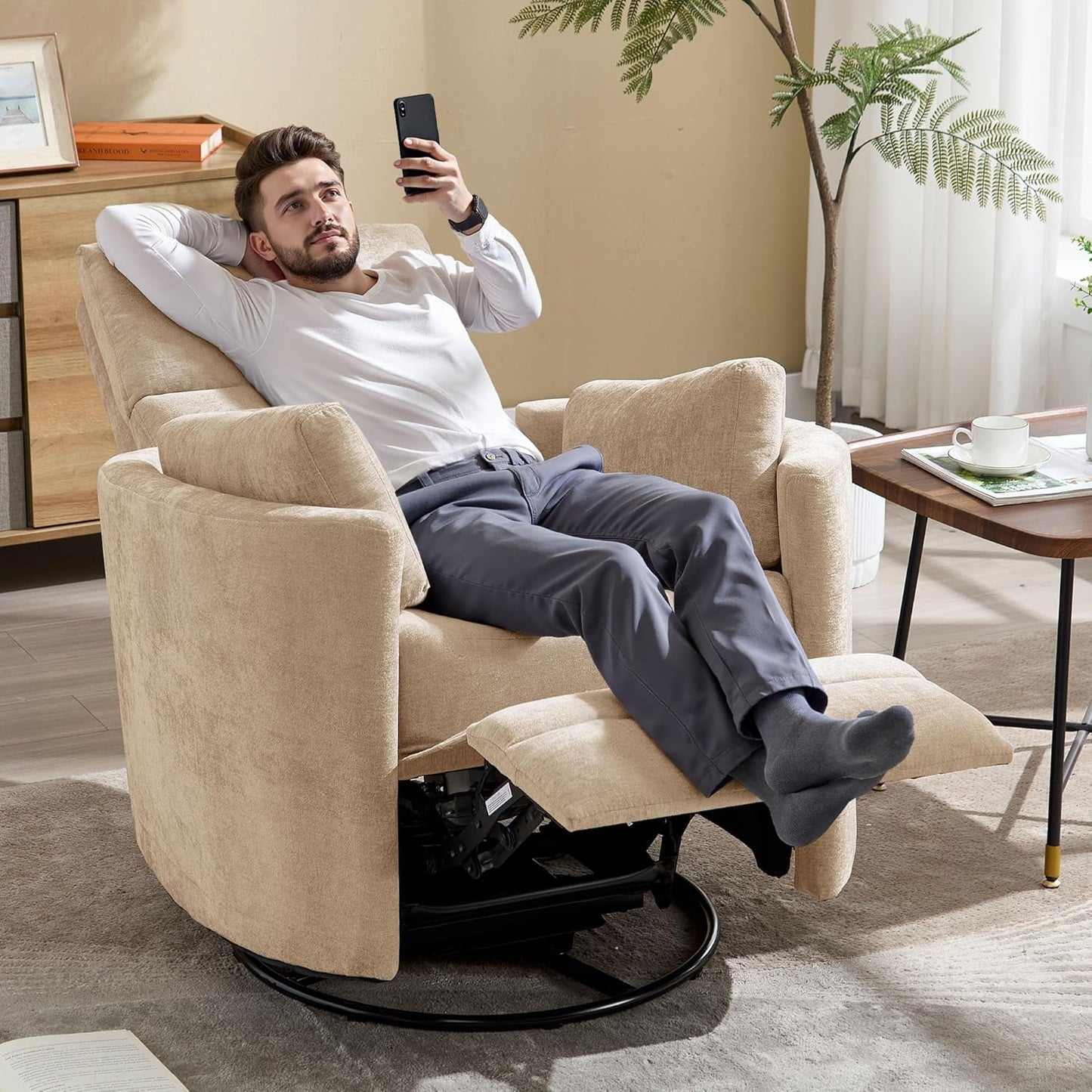Swivel Rocker Recliner Chair,Manual Nursery Swivel Rocking Recliner,Upholstered Adult Rocking Glider Chair with 2 Pillows for Living Room Bedroom (Khaki, Manual Operation)