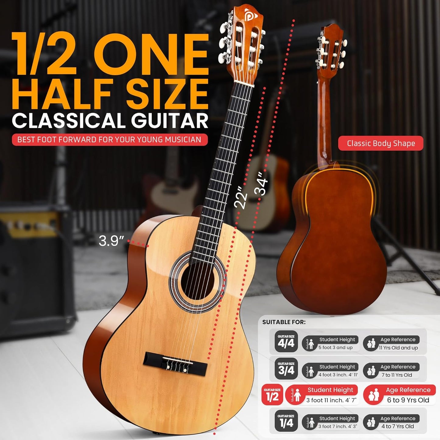 Pyle Left Handed Beginner Acoustic Guitar Kit, 1/2 Junior Size All Wood Build Nylon String Instrument with Capo, Strap, Extra String Set, Gig Bag, Guitars for Beginners Adults Youth, 34" Natural Gloss