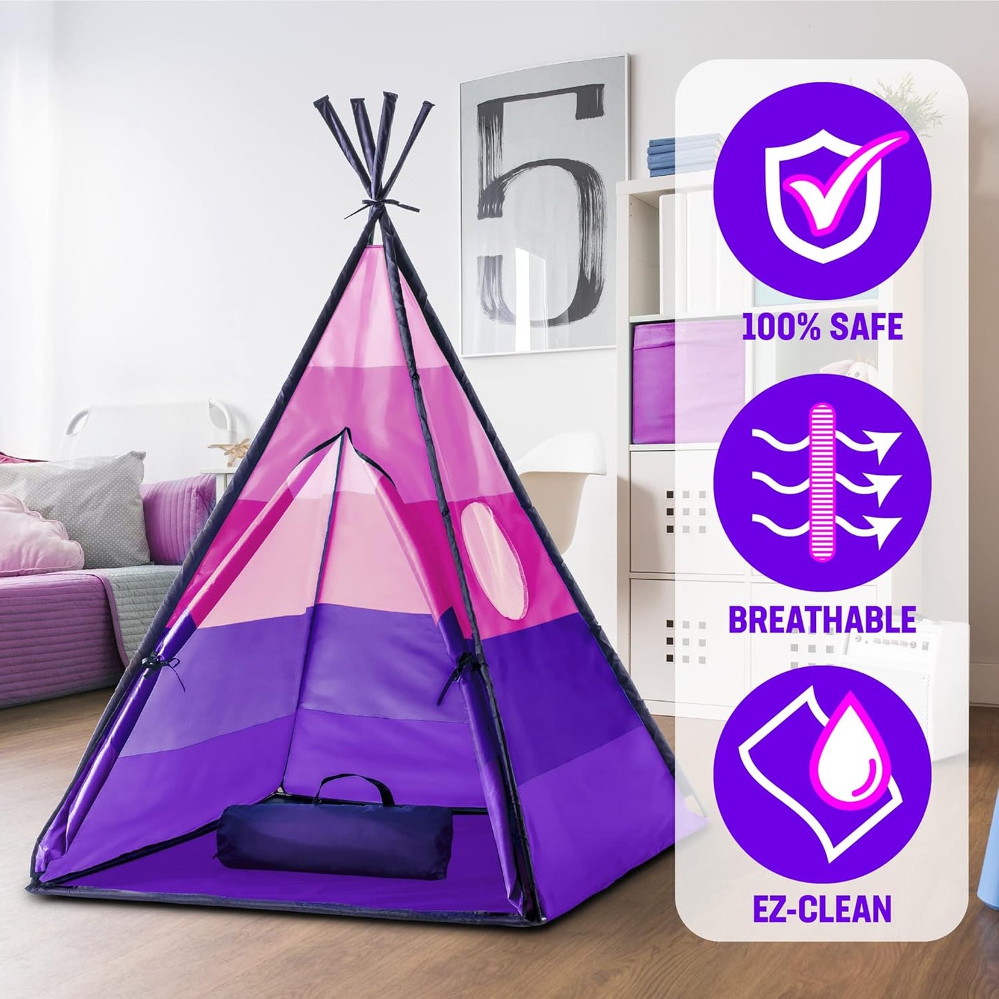 USA Toyz Happy Hut Teepee Tent for Kids - Indoor Pop Up Teepee Kids Playhouse Tents for Boys, Girls, Toddlers with Portable Storage Bag (Pink)