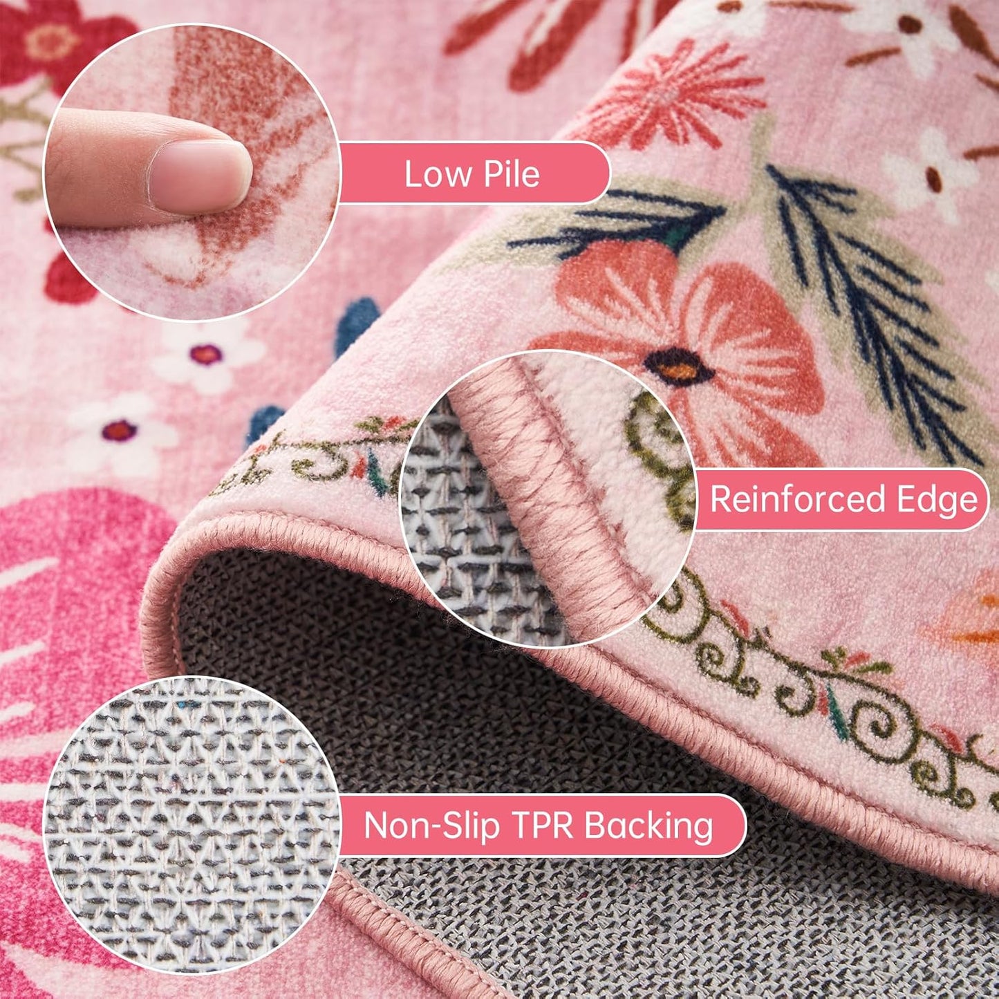 5x7 Area Rug for Nursery Girl Pink Floral Boho Cute Washable Soft Low Pile Non Slip Rugs Vintage Sound Absorbing Stain Resistant Big Carpet Rug for Bedroom Playroom Spring Living Room Dining Room
