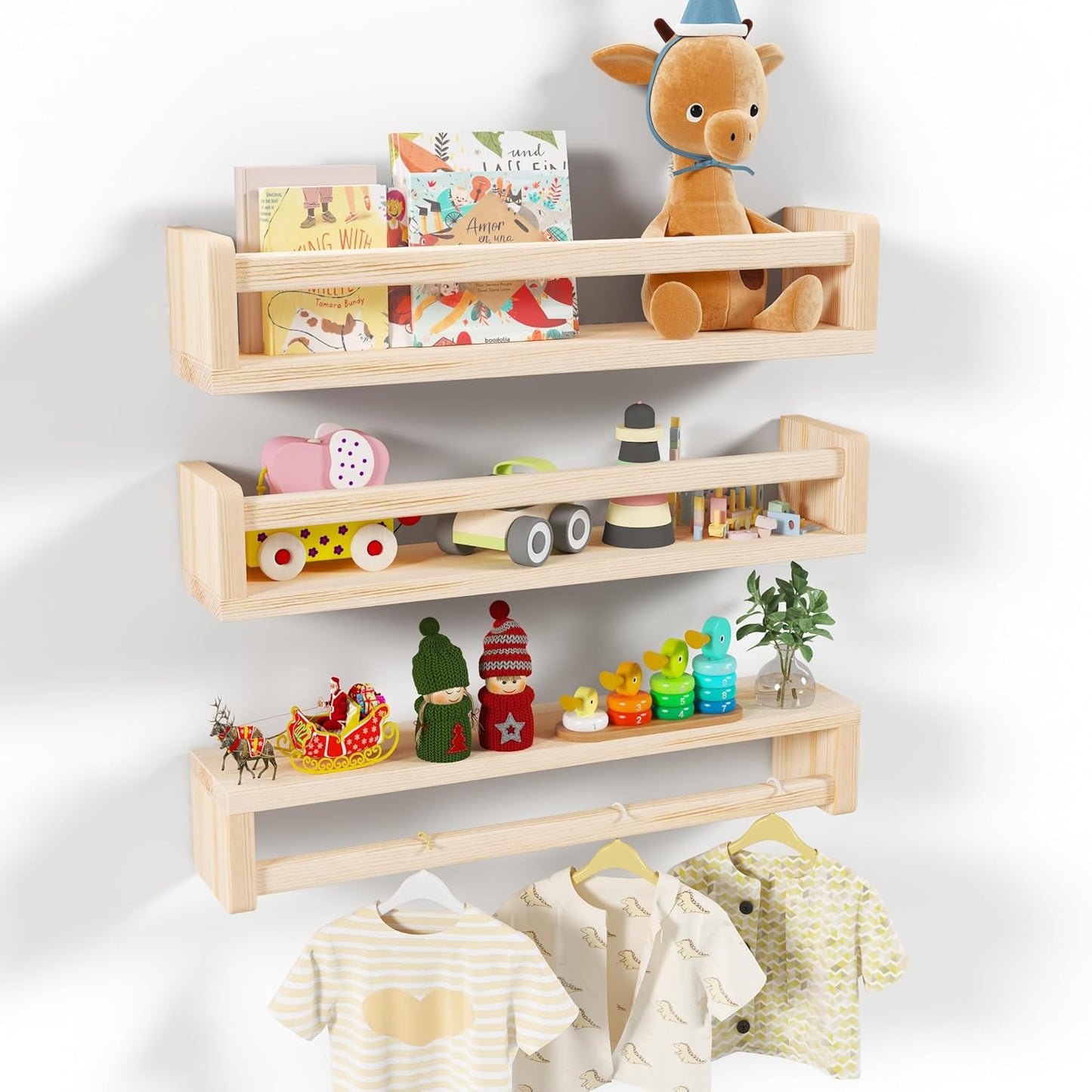 Heimlove Nursery Floating Shelves, Wood Nursery Book Shelves for Wall, 24 inch Wall Bookshelf for Kids Solid Wood for Books,Toys and Decor Storage, Set of 3