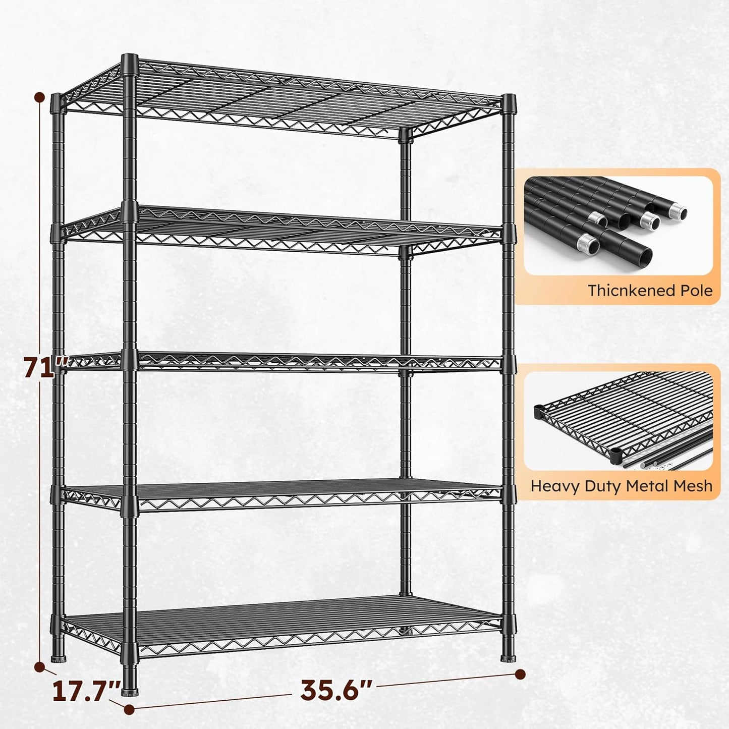 REIBII Storage Shelves 71" H Tall Wire Shelving Unit Sturdy Metal Shelves Adjustable Wide Pantry Shelves 5 Tier Deep Heavy Duty Metal Shelving Load 1500LBS,Dorm Room Essentials Dorm Storage Rack