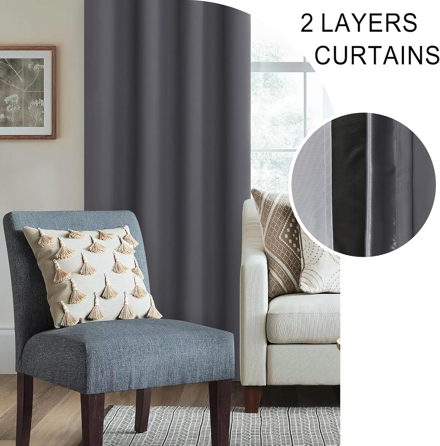 XWZO 100% Blackout Curtain Panels - Extra Long Rod Pocket Thermal Insulated Black Liner Curtains, Noise Reducing and Heat Blocking Drapes for Bedroom with Tiebacks, Dark Grey, W52 x L108, Set of 2