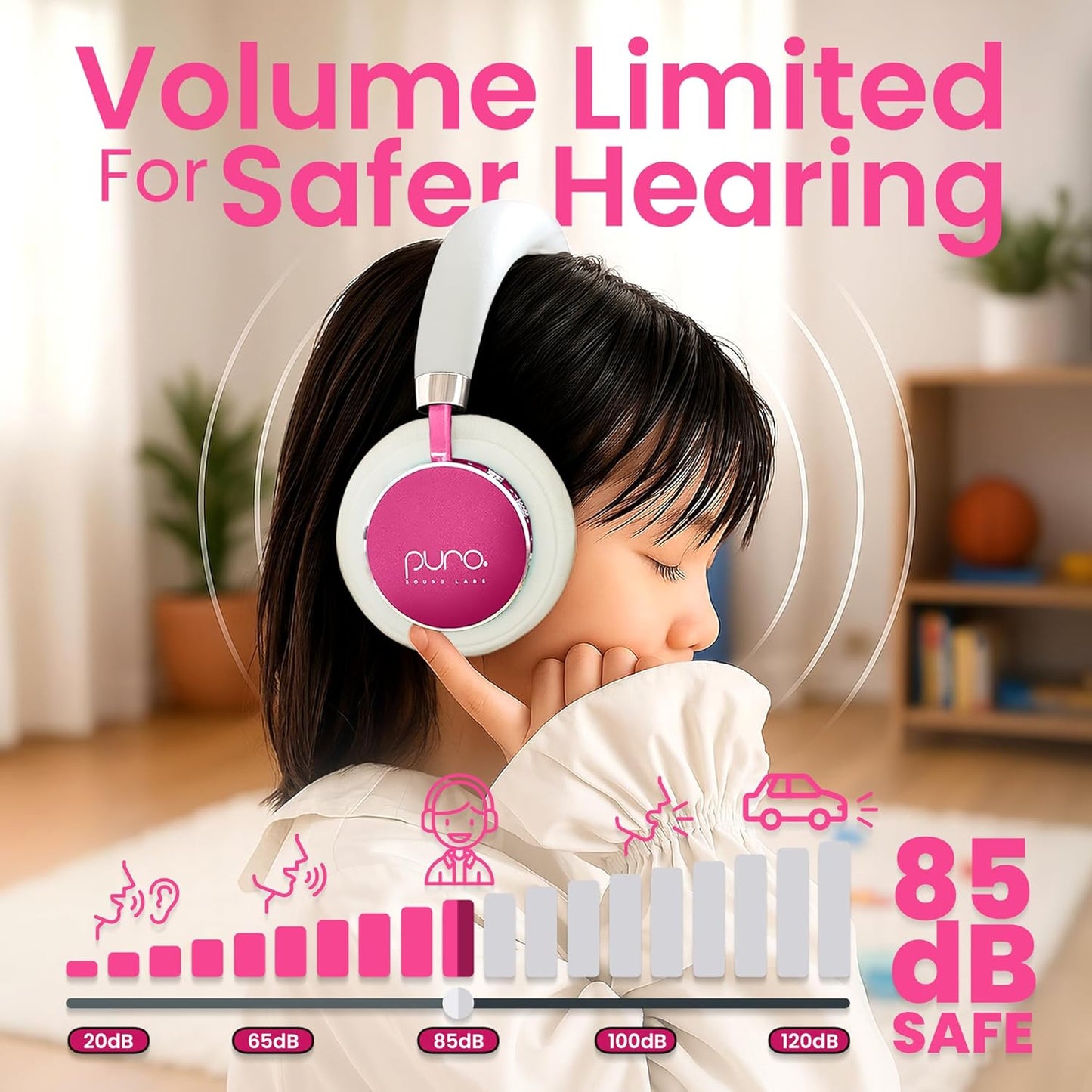 Puro Sound Labs BT2200 Plus Kids Bluetooth Headphones – Volume-Limiting 85dB, Studio-Grade Audio, Over-Ear & Comfy Design, 20-Hour Battery Life, Easy to Connect Wireless Headphones for Kids, Pink