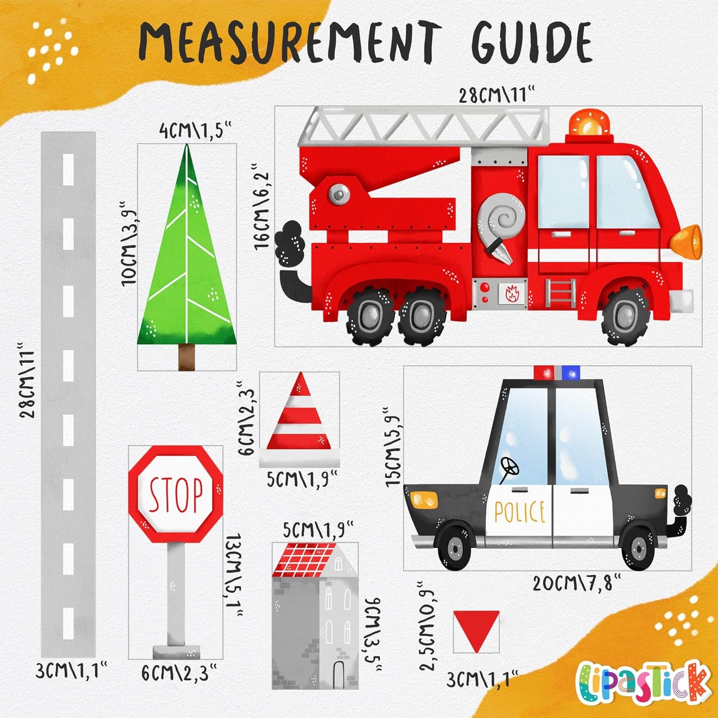 Car Wall Decals by Lipastick - Peel and Stick Transport Road Trucks Stickers for Boys Room, Toddler Bedroom, Baby Nursery, Kids Playroom, Living Room- Removable Decor - M Size