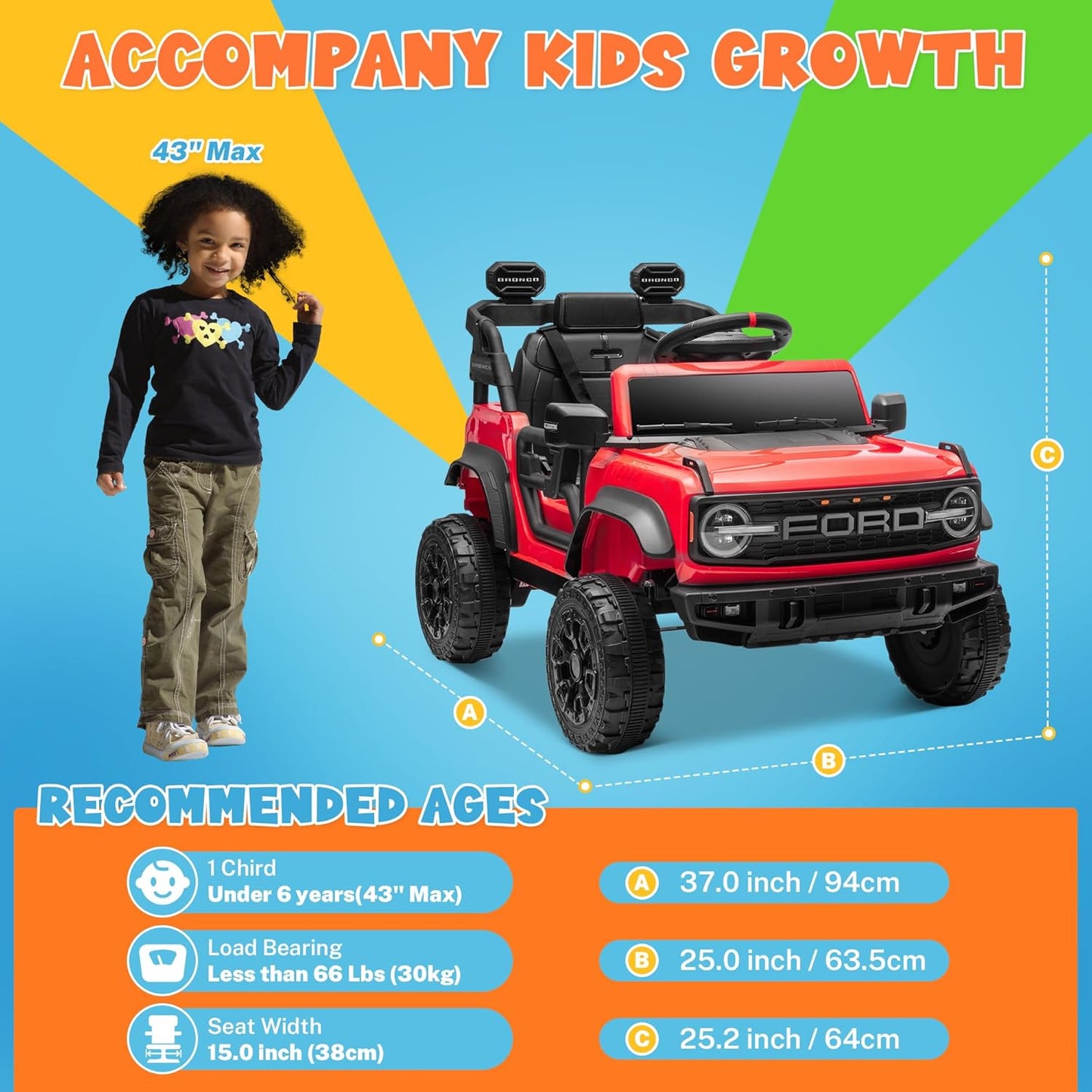 ENYOPRO 12V Kids Ride On Car with Remote Mode, Licensed Ford Bronco Raptor Electric Car for Toddlers, Battery Powered Ride On Toy Truck w/2 Speed, Working Headlights, Music Player, Radio (Red)