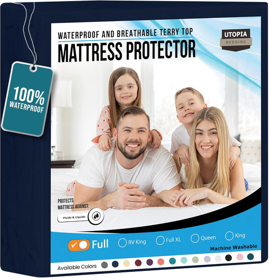 Utopia Bedding Waterproof Mattress Protector Full Size, Premium Terry Mattress Cover 200 GSM, Breathable, Fitted Style with Stretchable Pockets (Navy Blue)