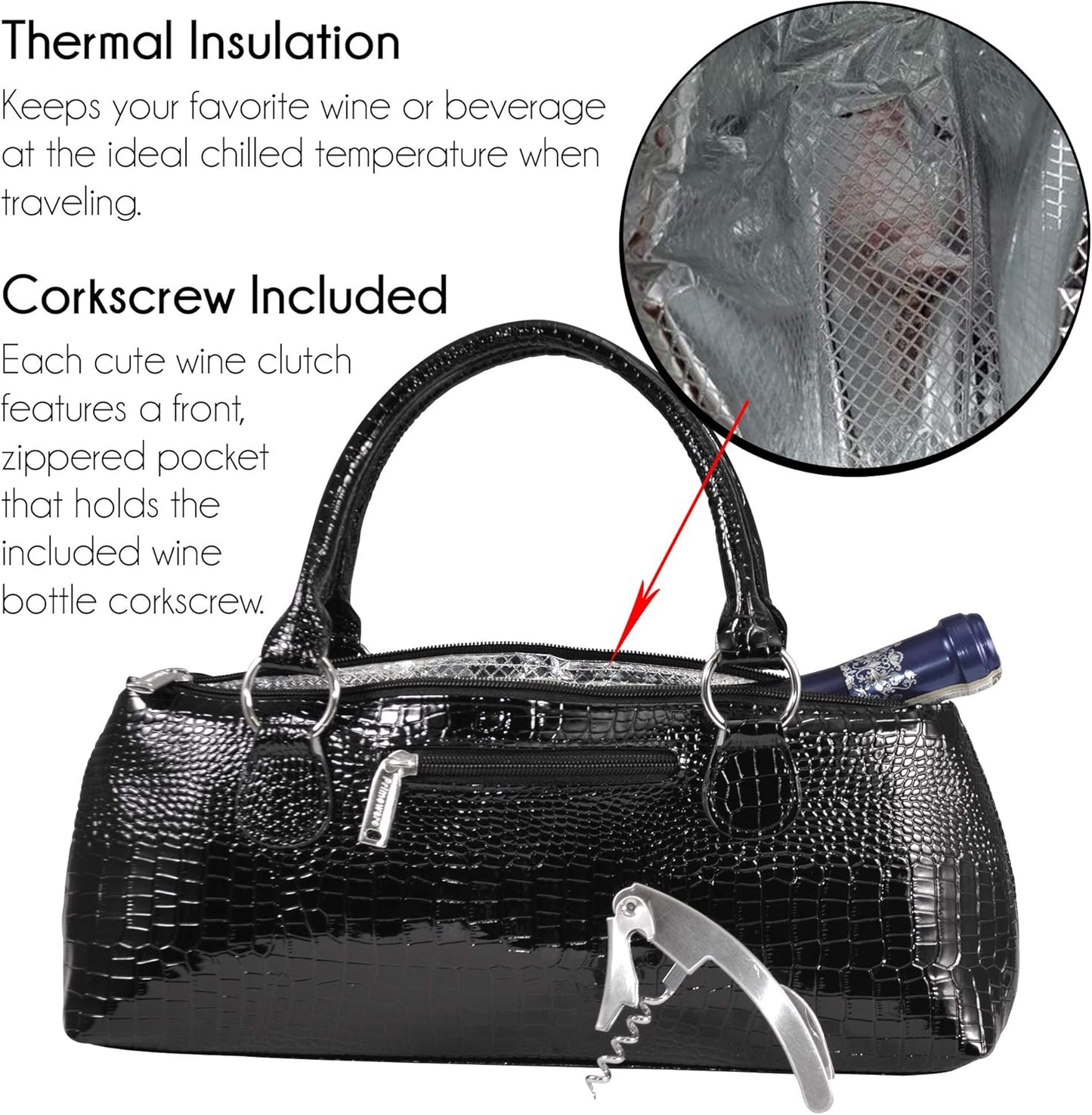 Wine Clutch Bag (Thermal Insulated) Trendy Women’s Carry Tote | Holds Red & White 750mL Bottles | Trendy Fashion | Incl. Portable Waiter-Style Corkscrew