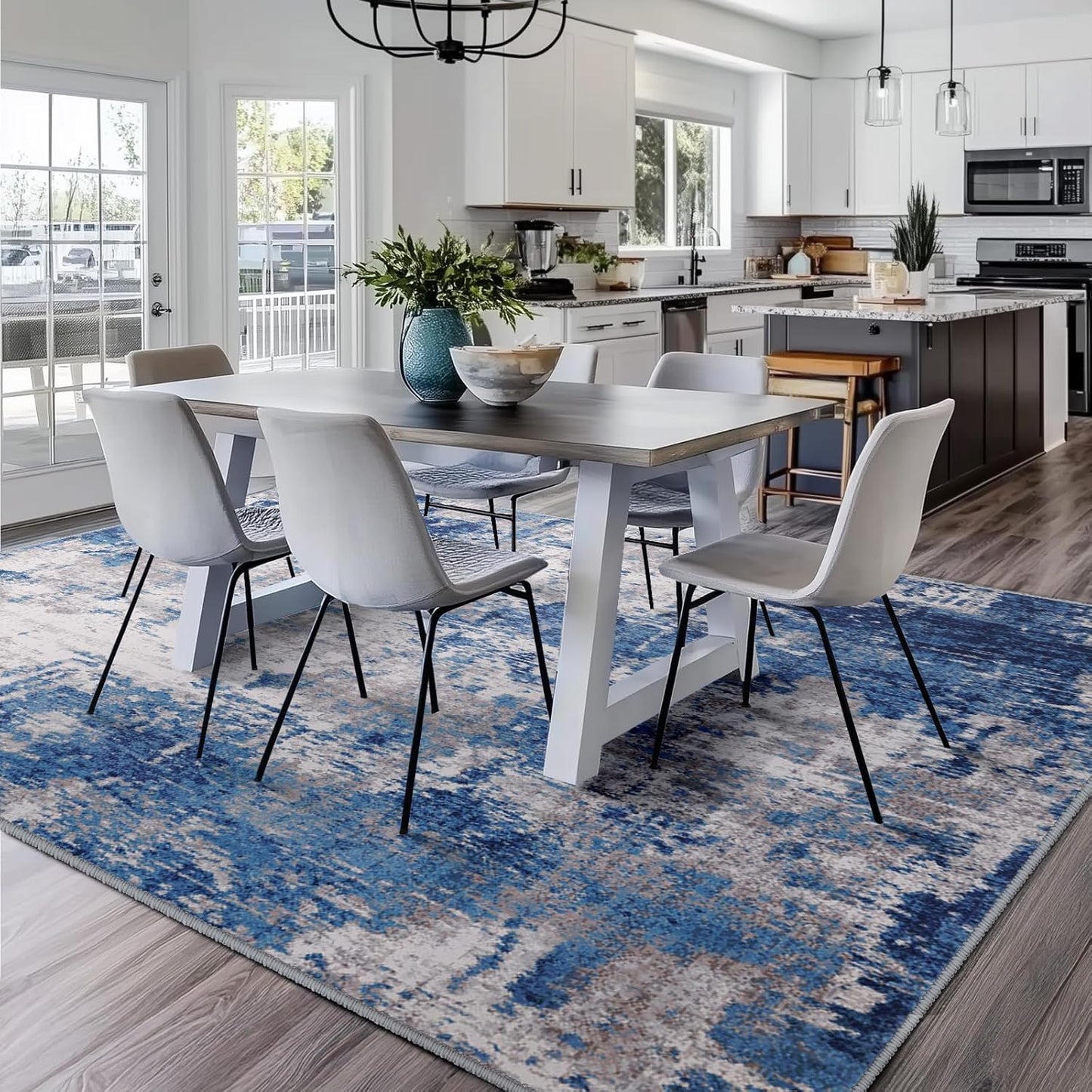 Washable Area Rugs 9'x12' Non-Slip Modern Abstract Soft for Living Room Entryway Bedroom, Print Pattern, Blue Grey Navy Gray
