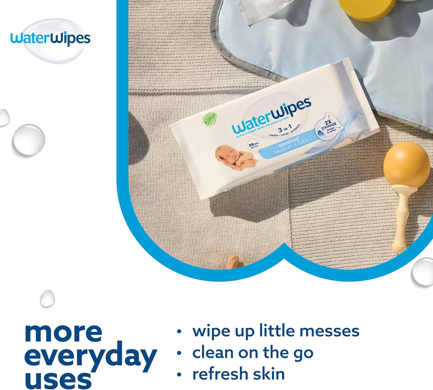 WaterWipes Sensitive+ Newborn & Baby Wipes, 3-In-1 Cleans, Cares, Protects, 99.9% Water, Unscented & Hypoallergenic, 300 Count (5 Packs)