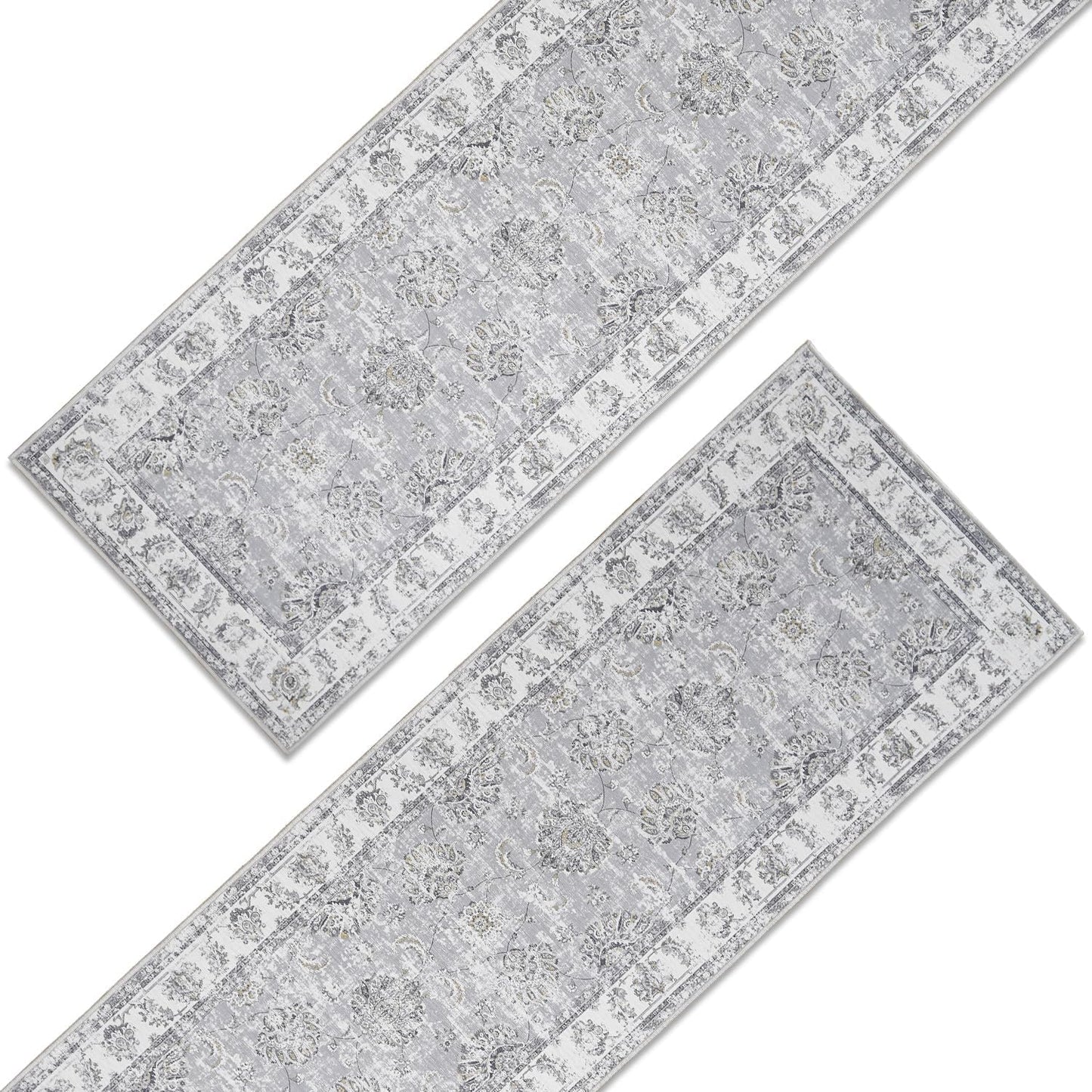 jinchan Runner Rug 2x5-2pcs Kitchen Washable Vintage Hallway Rug Floral Print Floor Cover Indoor Thin Retro Mat Accent Bathroom Laundry Room Bedroom Office Farmhouse (Double,Grey)