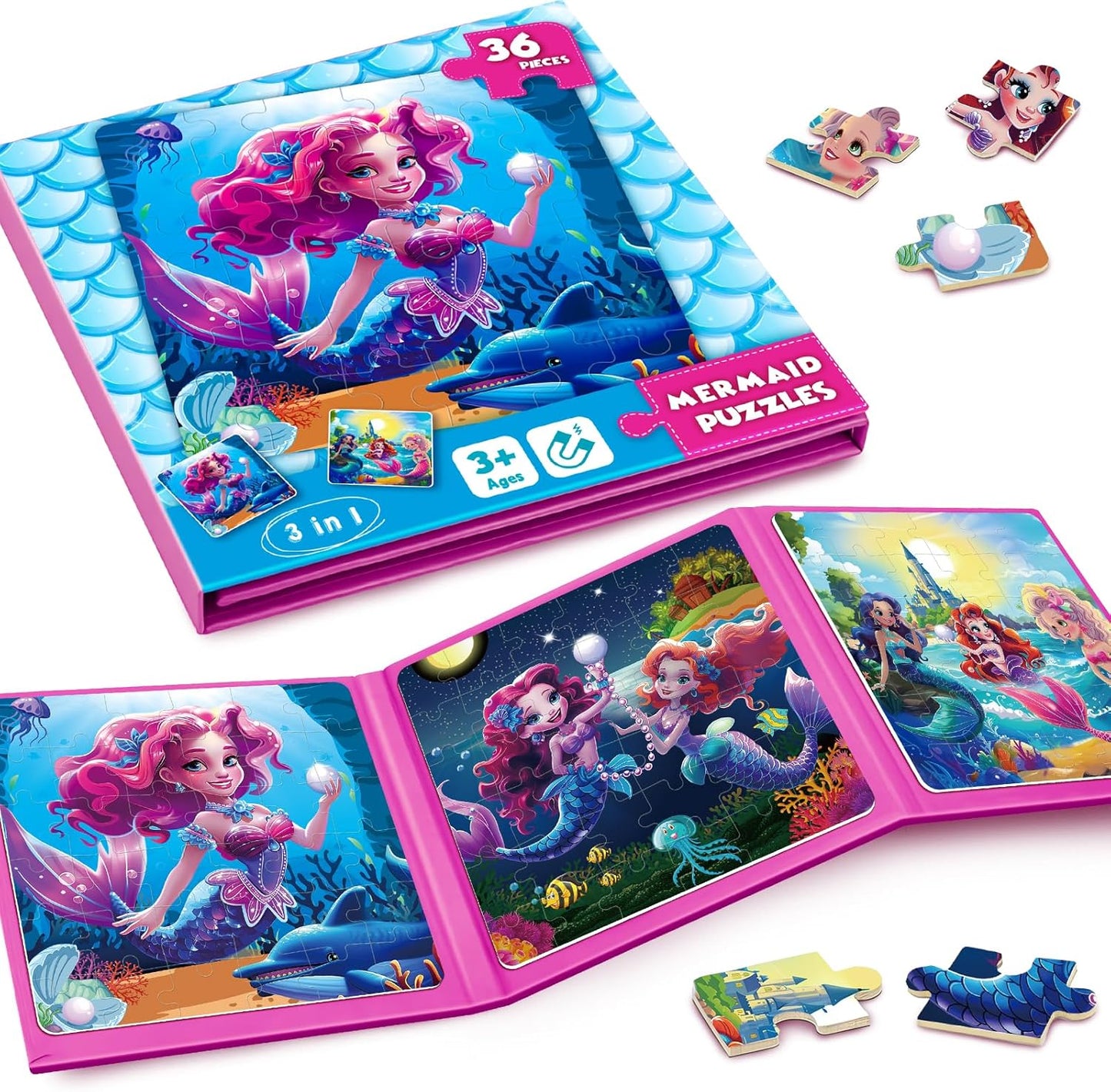 Magnetic Jigsaw Puzzles for Toddlers Kids 3-8 Girls,(3 36-Pieces) Travel Puzzles Toys for Kids Ages 4-6,Take-Along Car Airplane Road Trip Activities Game for 3 4 5 6 7 8 Year Old Birthday Gift,Mermaid