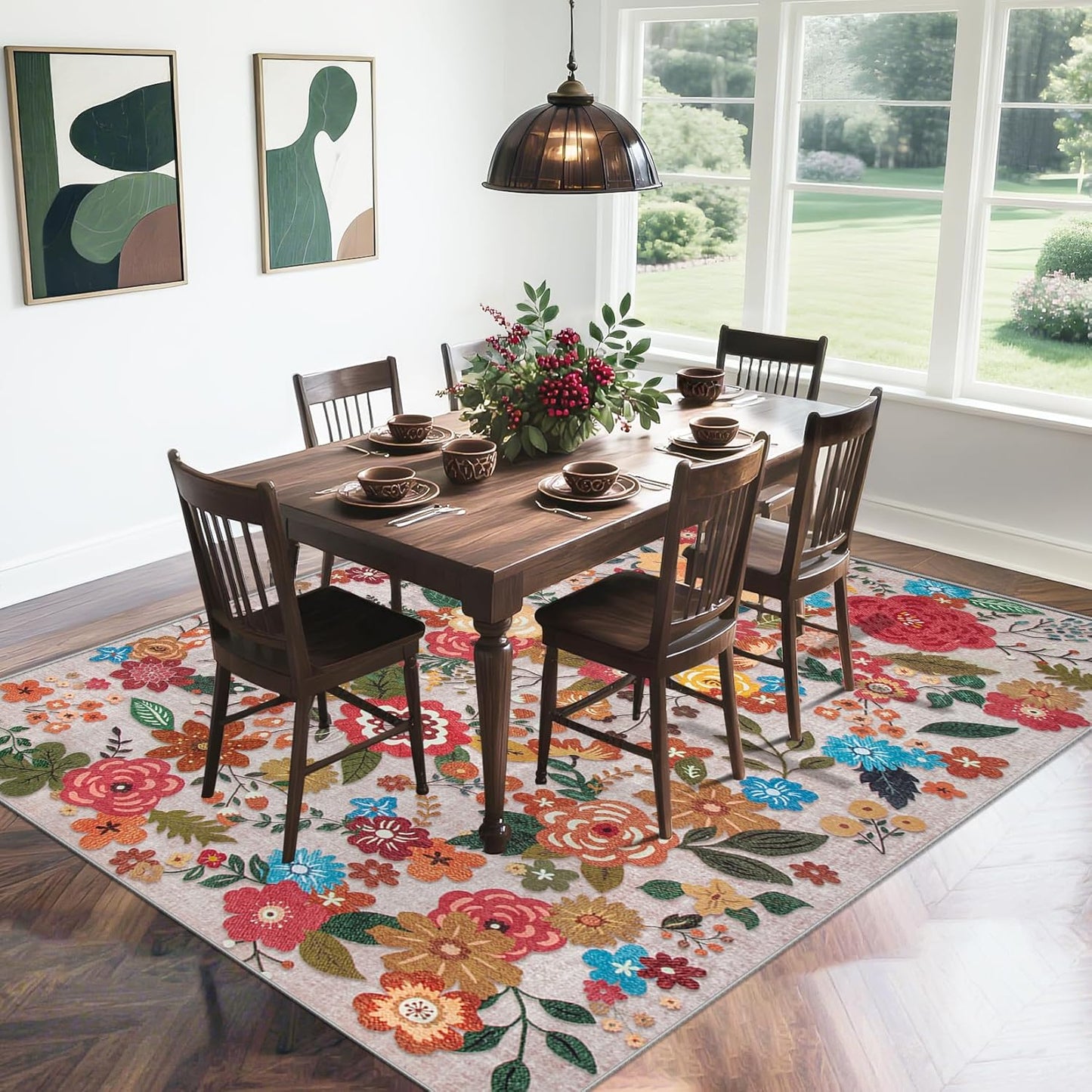 8x10 Area Rug for Living Room: Vintage Floral Washable Rug Soft Boho Non Slip Carpet Large Indoor Floor Non Shedding Low Pile Thin Carpets for Bedroom Dining Room Farmhouse Nursery Home Office Beige