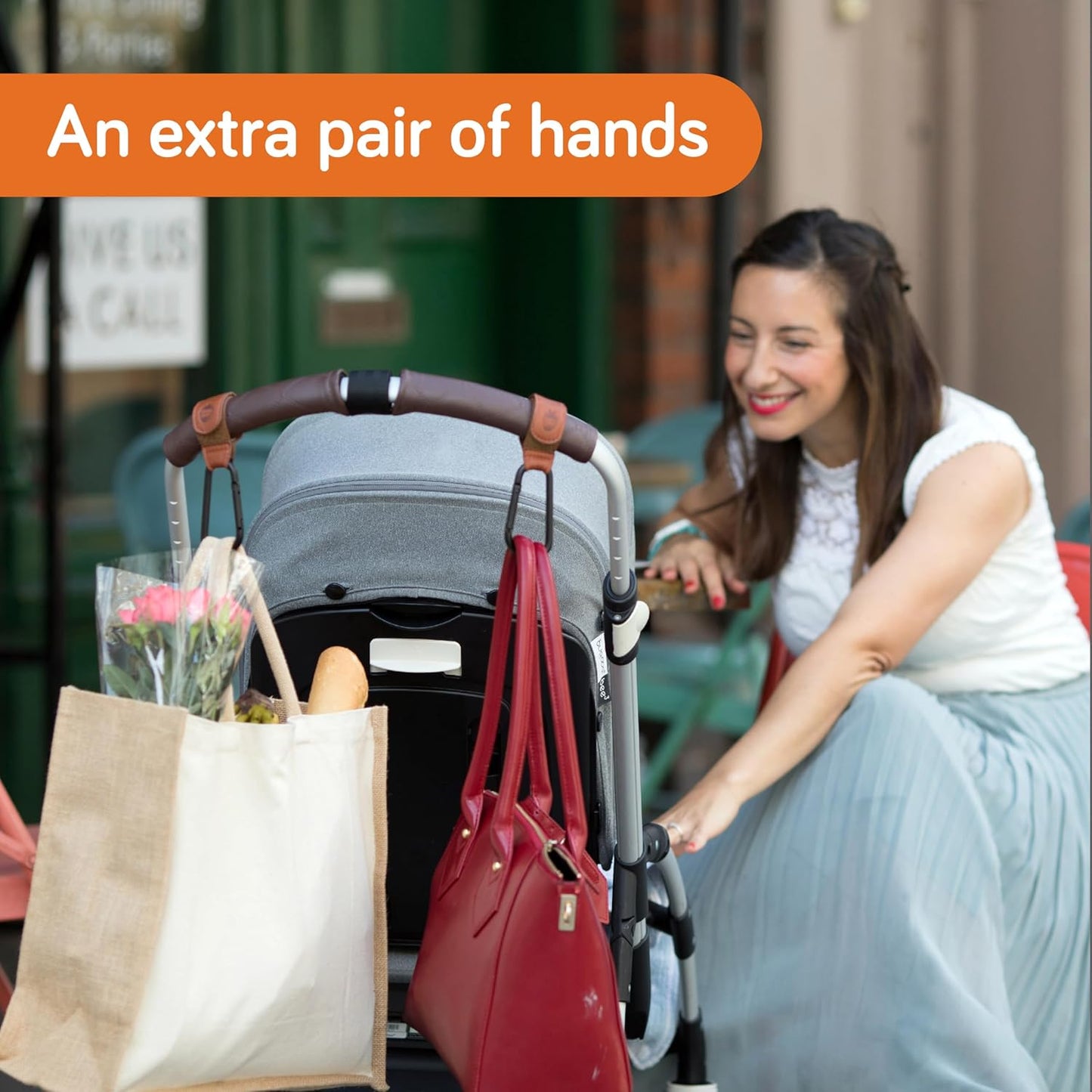 Baby Uma Baby Stroller Hooks - 2-Pack of Leather-Style Stroller Accessories, Non-Slip Stroller Clips, Carry 11 lbs per Stroller Bag Hook, Universal Hooks, 2 x Stroller Carabiner Clip (Camel)