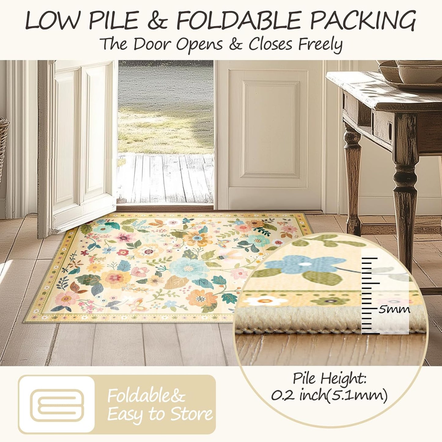 Floral 5x7 Area Rug Machine Washable Soft Print Boho Carpet Non Slip Doormat Low Pile Flower Area Rugs for Living Room Bedroom Nursery Kitchen Dining Room Indoor-Ivory/Yellow