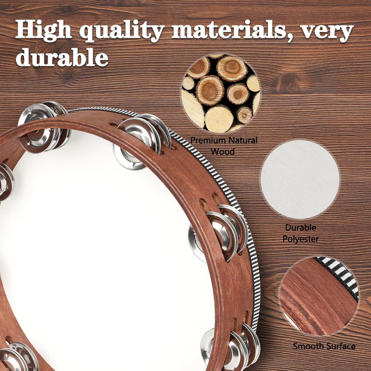 Wooden Hand Held Percussion Tambourine with Storage Bag -10 Inches, Ideal for Church, Wedding, Party, Dance, Photo Shoot