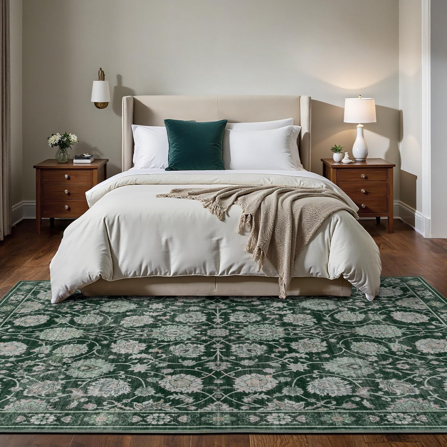 Floral Washable Area Rugs 5x7, Vintage Rug for Living Room, Large Bedroom Carpet, Non Slip Low Pile Ultra Soft Carpets for Indoor Dining Home Nursery Playroom Under Table, Dark Green