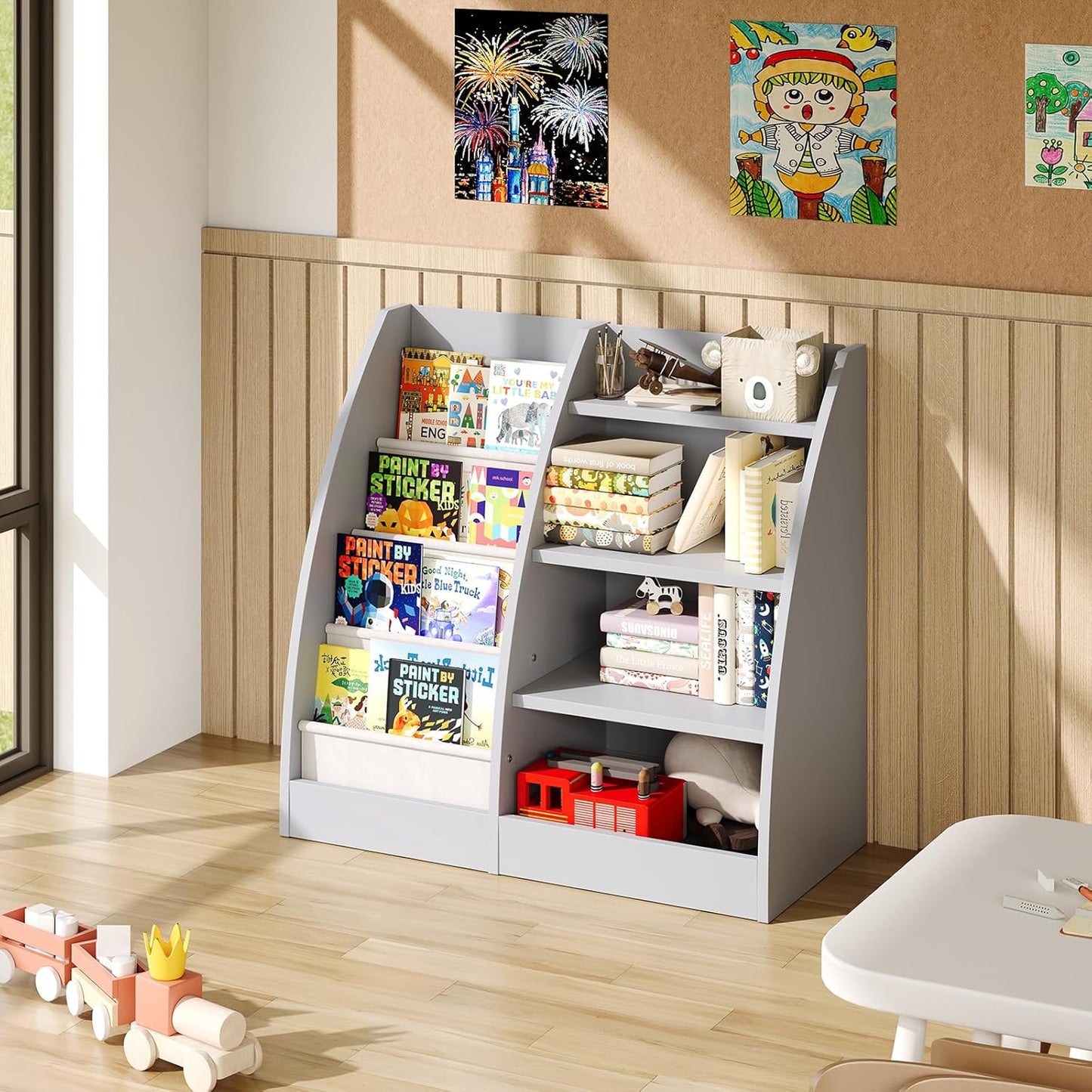 4 Tier Kids Bookshelf,4 Layer Sling Kids Book Shelf for Kids Rooms,Wood Children Bookcase,Baby Storage Book Rack,Toddler Bookshelf, Book and Toy Organizer,Book Display Shelf for Bedroom, Nursery