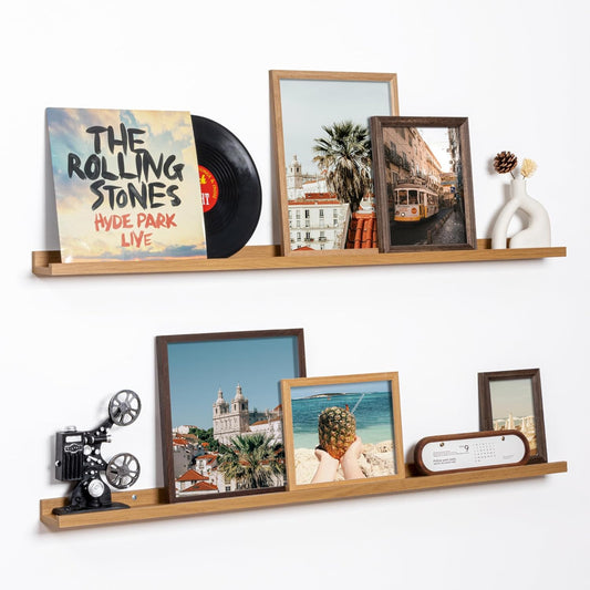 Fun Memories Picture Ledge Shelf, 48 Inch Floating Shelves Set of 2, Large Nursery Book Shelves for Toys Storage, Kids Bookshelf Wall Mounted for Wall Decor Books Photo Frames, Oak
