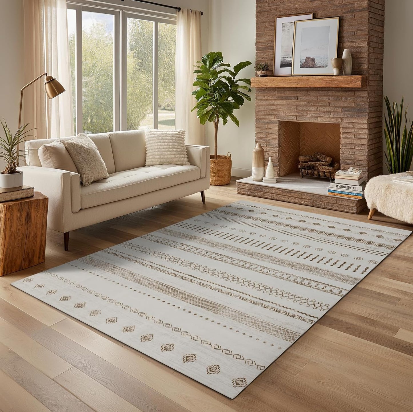 Washable Area Rugs 8x10, Large Rugs for Living Room, Carpet for Bedroom, Boho Soft Faux Wool Retro Dining Room (Beige) Rug, Non-Slip Backing Resistant Low Pile Vintage Print Rug for Home Office
