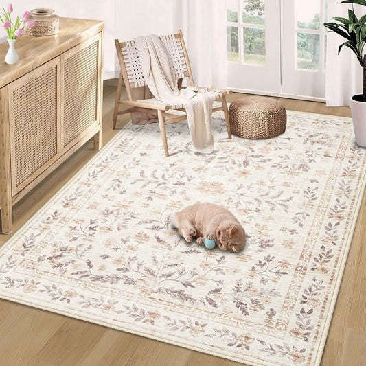 Rugs for Living Room 4x6 Rug, Washable Floral Boho Area Rug Non Slip Soft Low Pile Small Carpet for Bedroom Girls, Bedside, Kitchen, Entryway, Kids Room, Office, College Dorm(4'x6', Floral Beige)