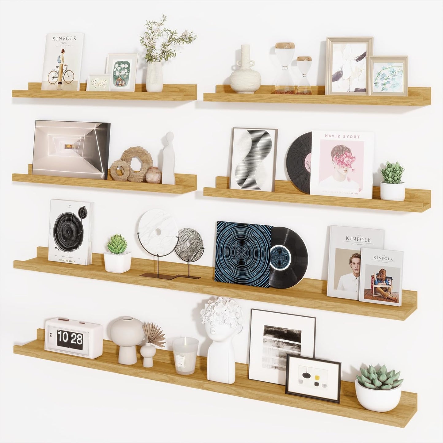 Axeman Picture Ledge Shelf, Floating Shelves for Wall Decor Storage Set of 6, 55 inch Floating Wall Mounted Shelves, Shelves with Lip for Living Room, Bedroom, Nursery, Bathroom, Kitchen, Oak
