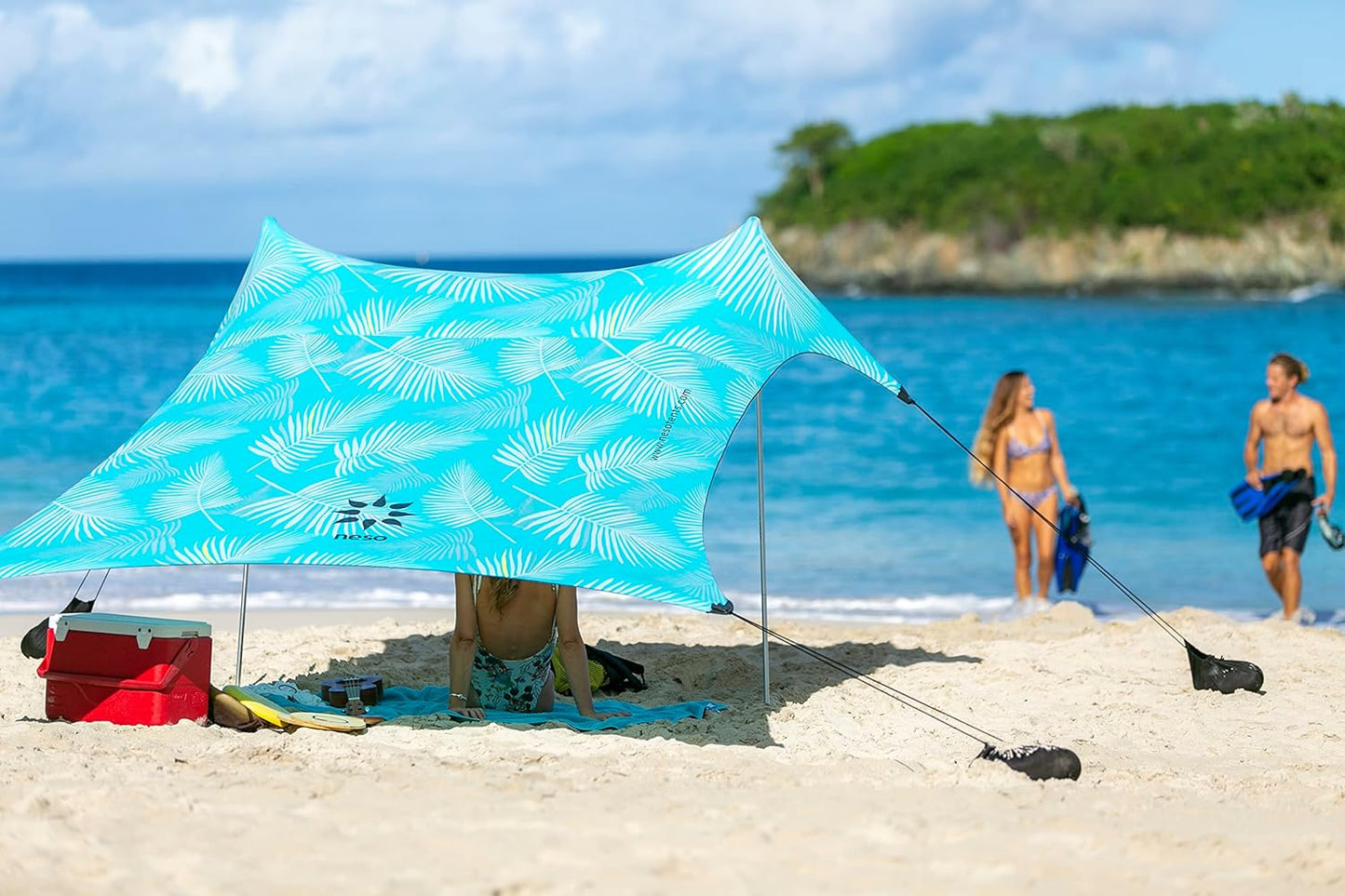 Neso Tents Beach Tent with Sand Anchor, Portable Canopy Sunshade - 7' x 7' - Patented Reinforced Corners(Aqua Fronds)