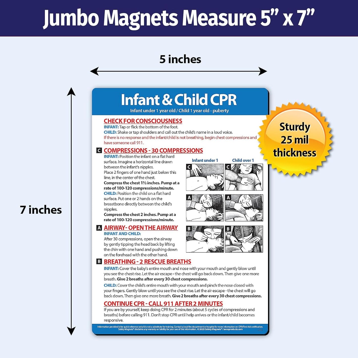 Safety Magnets by ZOCO – Infant and Child CPR Magnet (5-Pack) – 5"x7" Emergency First Aid Guide with Step-by-Step Instructions – CPR Reference for Homes, Daycares, Schools, and Parents