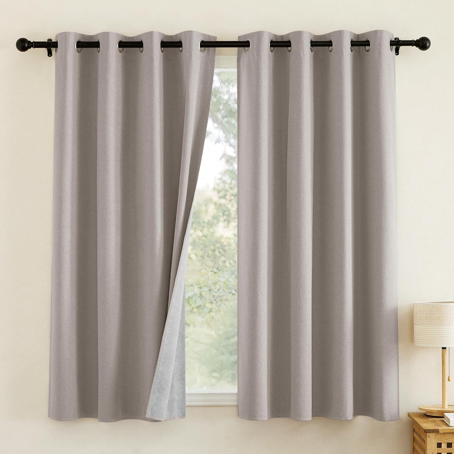 NICETOWN Natural 100% Blackout Short Curtains 63 inches Lenghth Burg for Kitchen, 2 Panels, Burlap Faux Linen Drapes with Thermal Insulated White Liner, Keeping Out Cold Air and Heat Panels