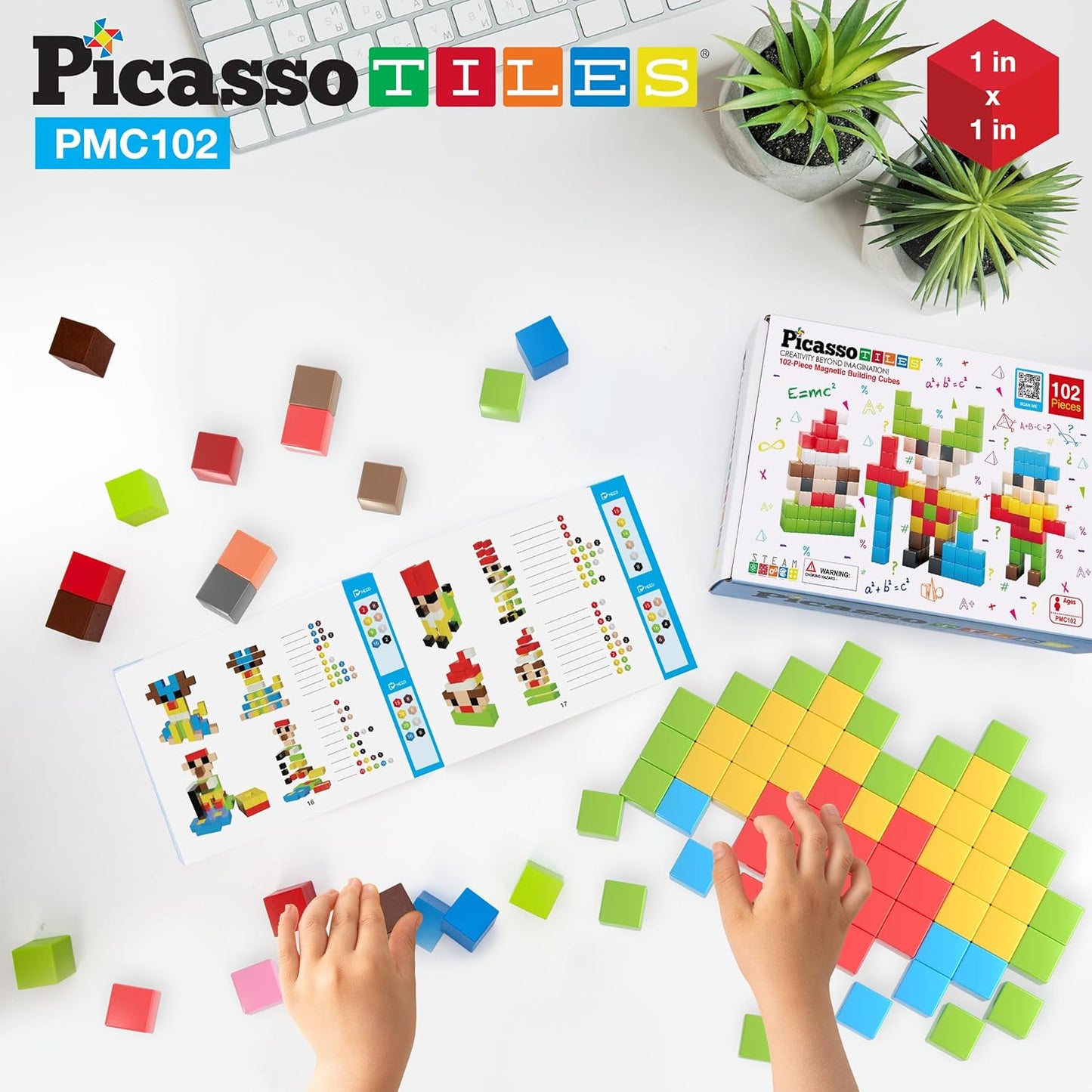 PicassoTiles 102pcs Pixel Magnetic Puzzle Cube 1” Pixel Mix & Match Toys with Ideabook STEM Education Learning Building Block Magnets Construction ToySet Stacking Creative Kit for Kids Age 3+ PMC102