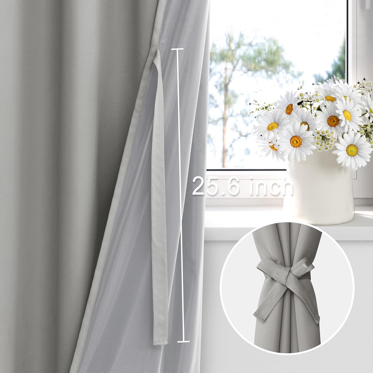 XWZO Full Shading Blackout Curtains 45 Inches Length with Tiebacks- Heat and Light Blocking Rod Pocket Window Drapes with Black Liner Backing for Bedroom/Kid's Room, Light Grey, W42 x L45, Set of 2