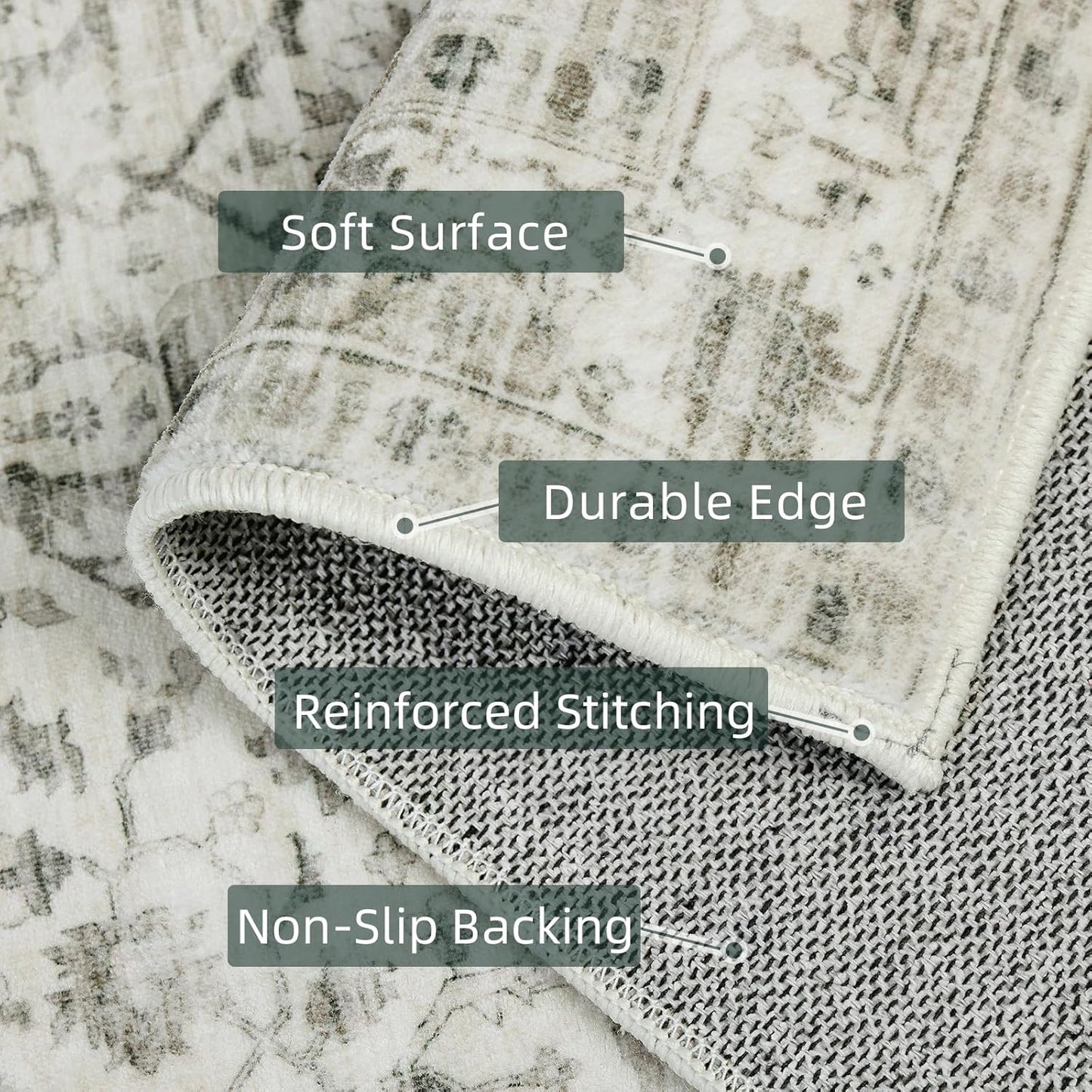 Deerly Area Rug 3x5 Rugs with Non-Slip Backing, Washable 3x5 Rugs for Bedroom Living Room Kitchen Hallway, Distressed Carpet Printed Low-Pile Soft Dorm Rug (Border Cream)
