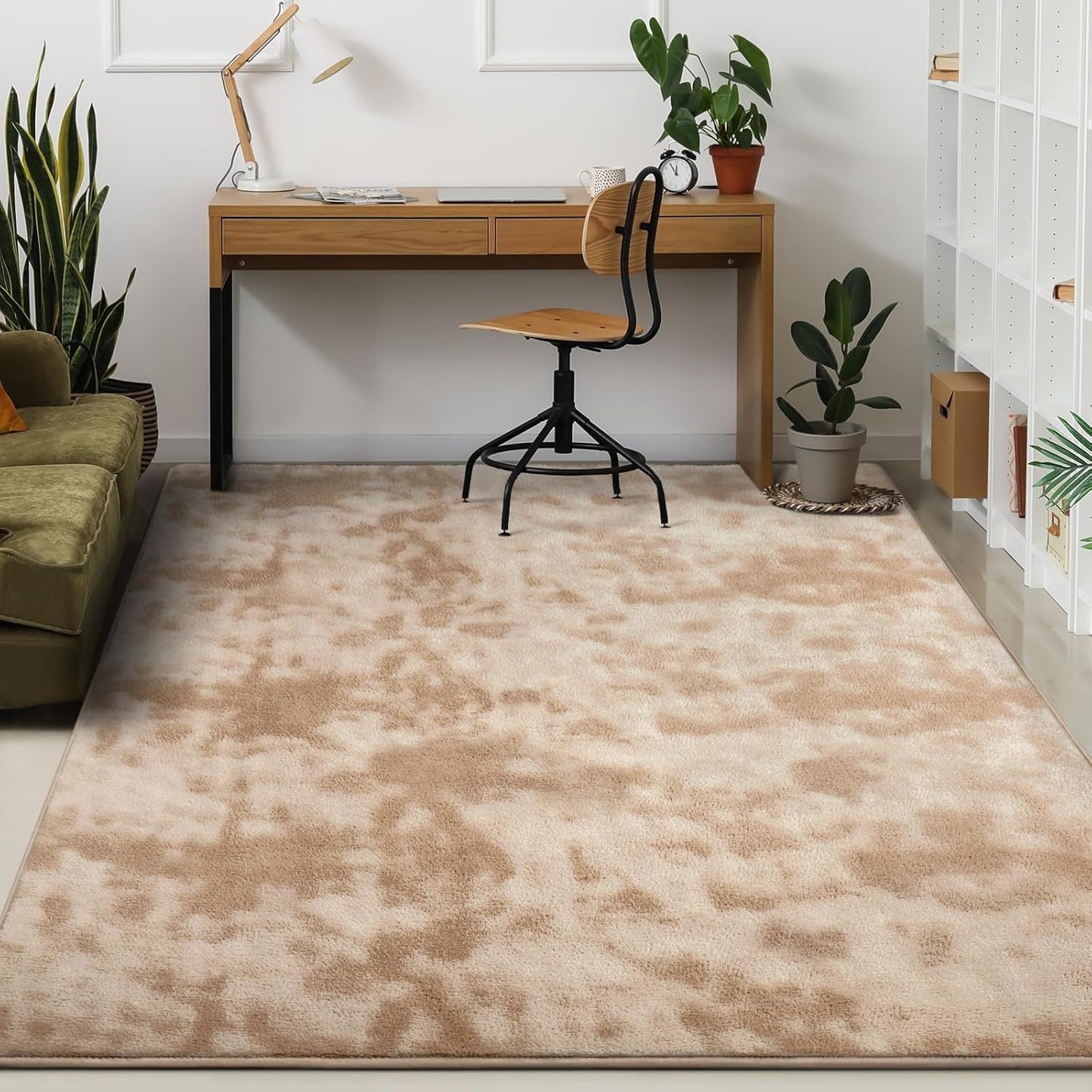 Kimicole 7x10 Washable Area Rugs for Living Room Bedroom, Large Low Pile Ulta-Thin Solid Color Rug, Non-Slip Soft Fluffy Carpet for Nursery Kids Room Dorm Room Home Decor (Light Tan)