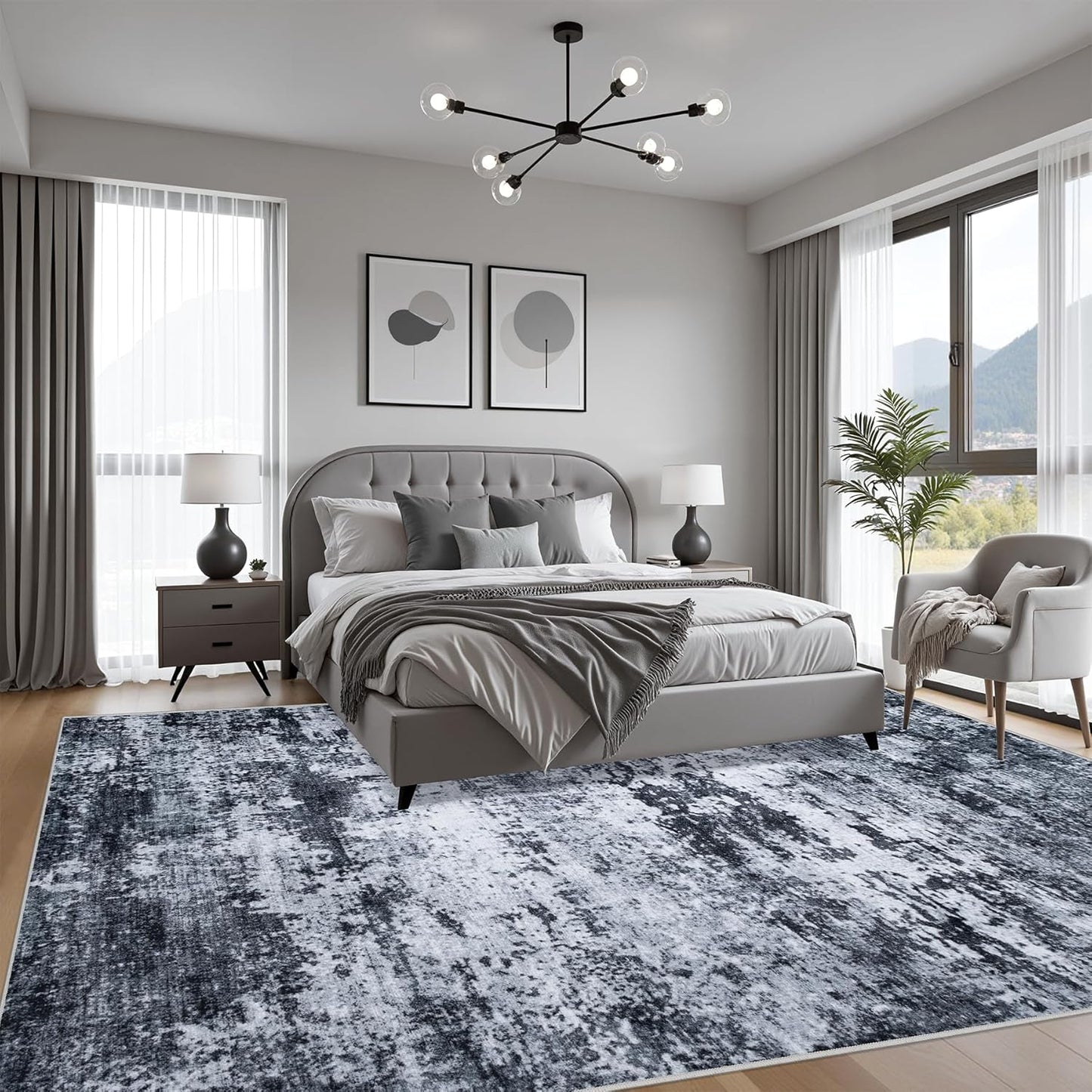 9x12 Area Rug Living Room Rug: Washable Modern Abstract Soft Thin Rug Indoor Floor No Slip Stain Resistant Carpet for Bedroom Dining Room Farmhouse Nursery Home Office - Black
