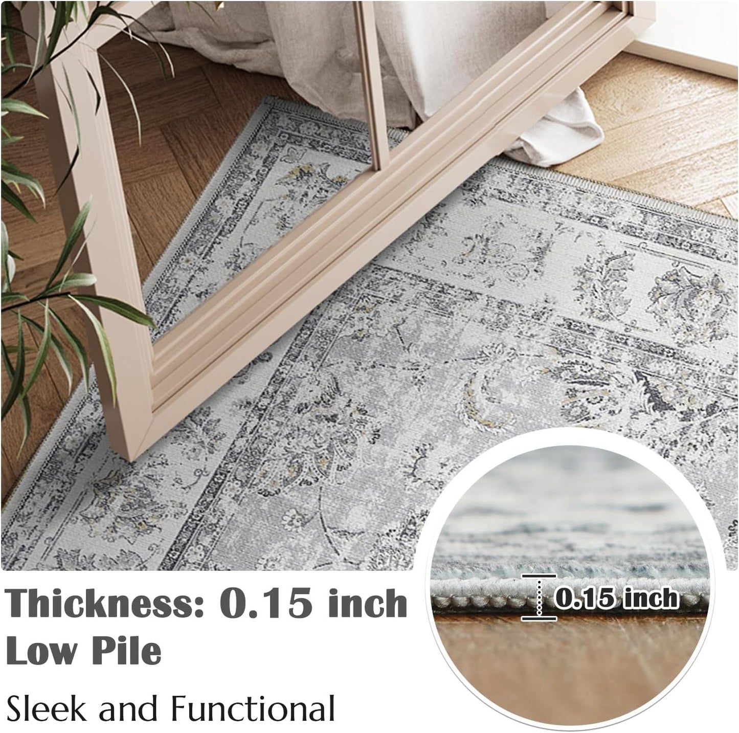 jinchan Vintage Floral 6x9 Area Rugs for Living Room - Machine Washable Distressed Design Stain Resistant Boho Carpet Ultra-Thin Low Pile Non-Slip Rug for Bedroom Dining Room Home Office (6‘x9',Grey)