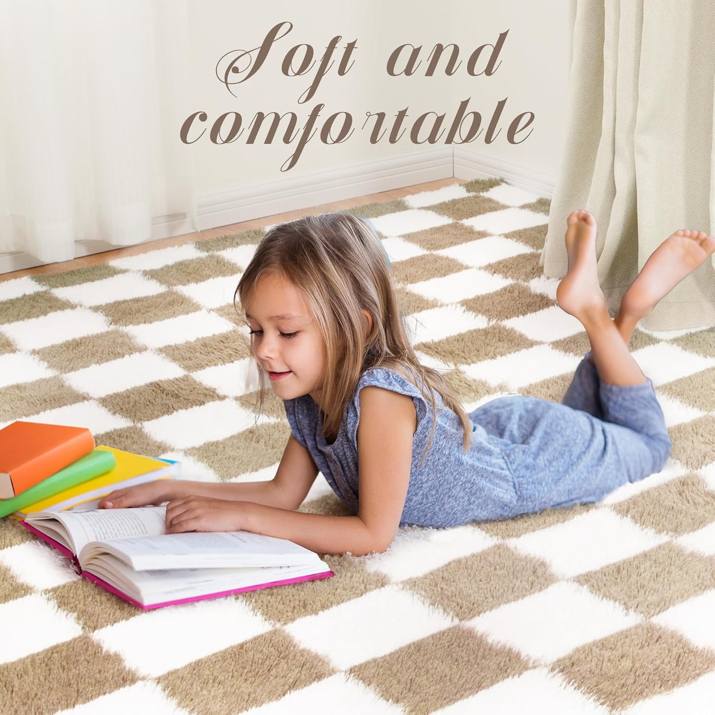 Super Soft Rug for Bedroom, 4x6 Ft Beige and White Area Rug Classic Checkered Shaggy Anti-Skid High Pile Soft Fluffy Rug Fuzzy Carpet for Living Room Bedroom Kids Room Nursery, Dorm Home Decor