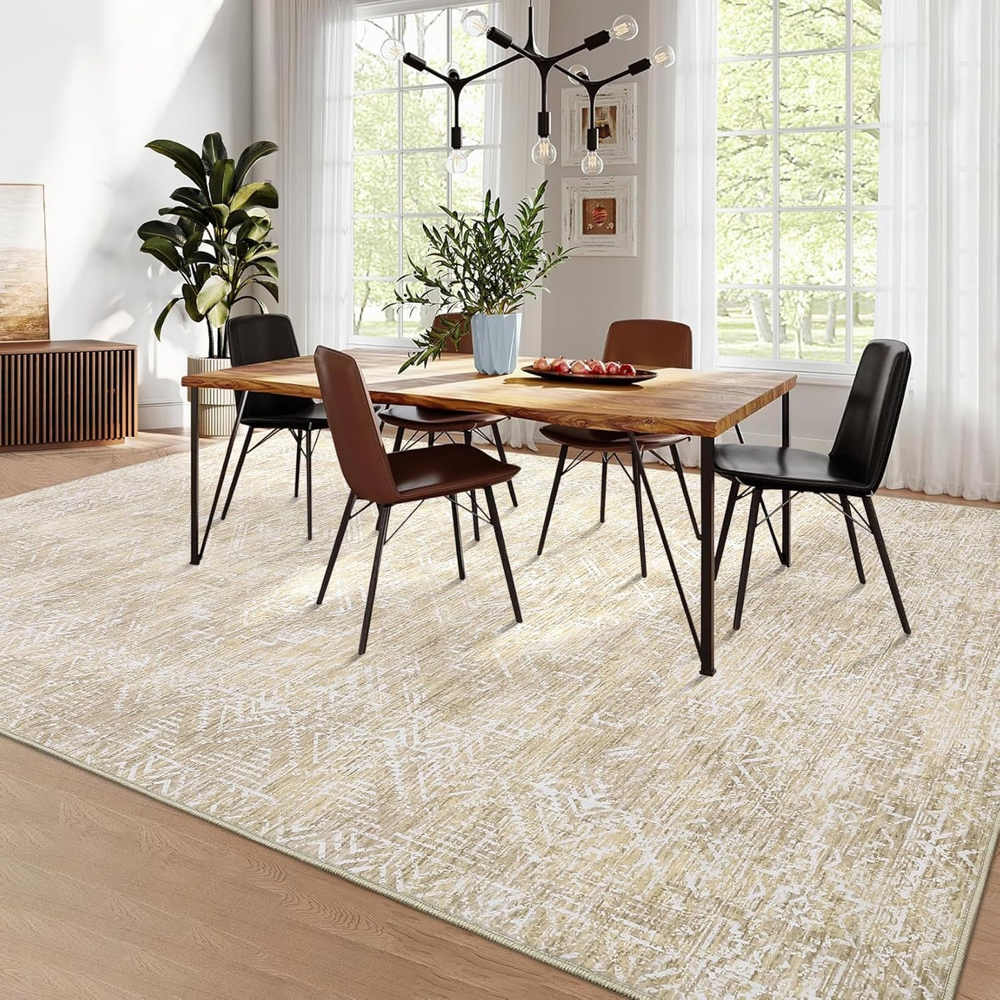 COZYLOOM 4x6 Rug Machine Washable Foldable Printed Area Rug Modern Distressed with Non Slip Design Stain Resistant Non Shedding Pet Friendly Carpet Perfect for Home Decor, Faux Wool, Beige