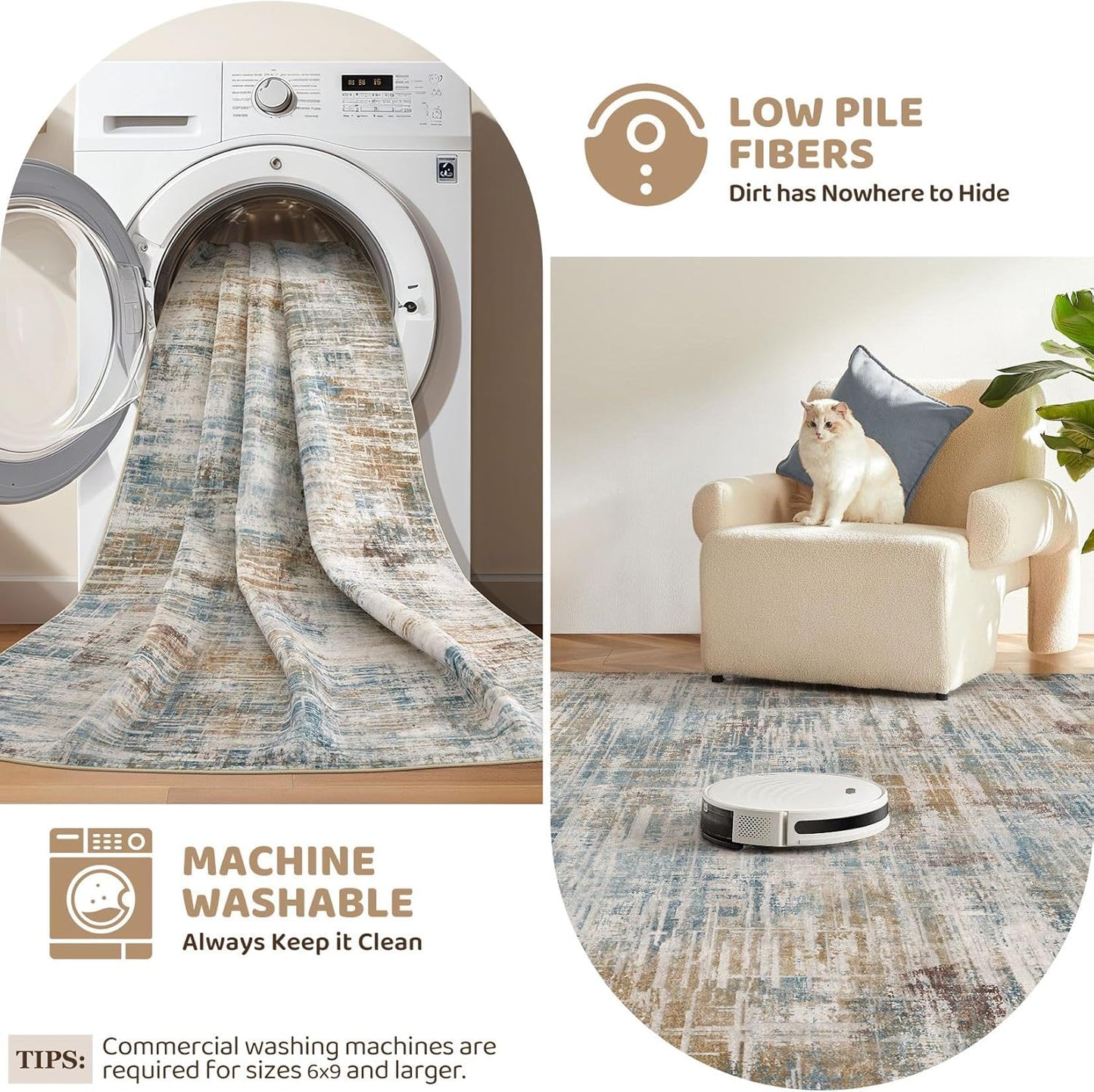Area Rug for Living Room: 7x9 Washable Neutral Abstract Modern Soft Rugs Non Slip Indoor Floor Stain Resistant Large Carpet for Bedroom Dining Room Office Nursery - Blue Brown