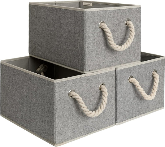 StorageWorks Storage Baskets for Shelves, Foldable Fabric Closet Storage Bins with Handles, Fabric Storage Bins Clothes Organizer, Gray, 3-Pack, Large