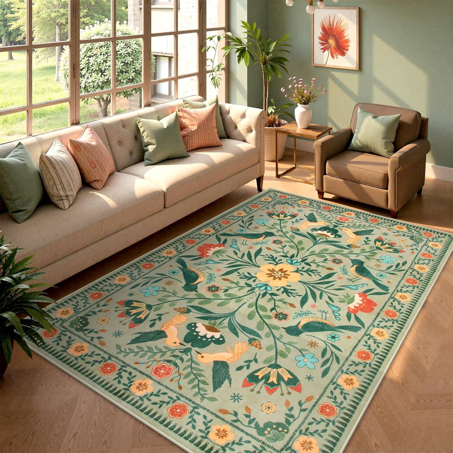 Moynesa Boho Area Rugs 5x7, Ultra Thin Soft Washable Rugs for Living Room Bedroom Non Slip, Stain Resistant, Indoor Bird Patterned Sage Green Large Carpet for Kitchen Entryway Office
